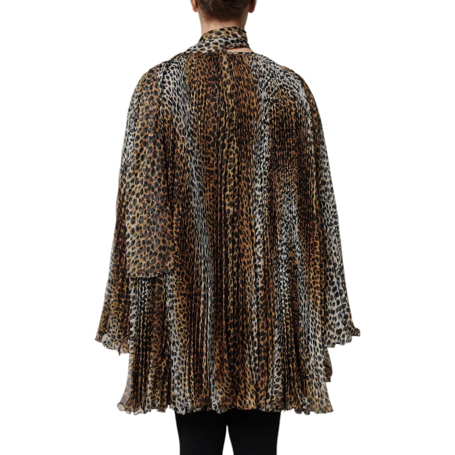 Brown Leopard Print Scarf Collared Chiffon Dress