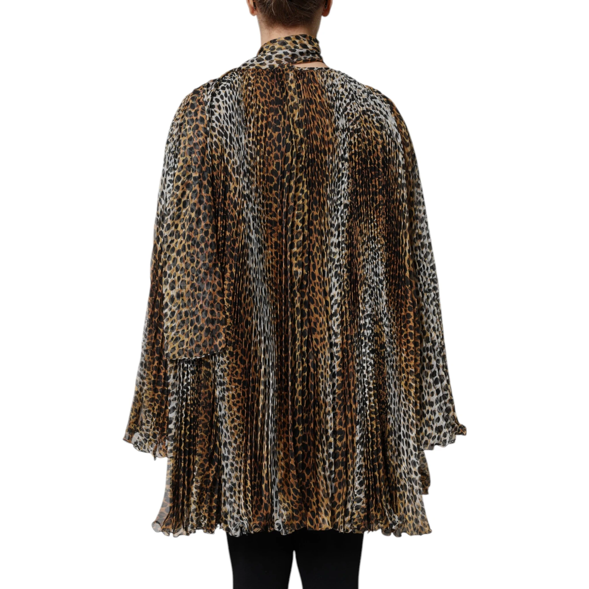 Brown Leopard Print Scarf Collared Chiffon Dress