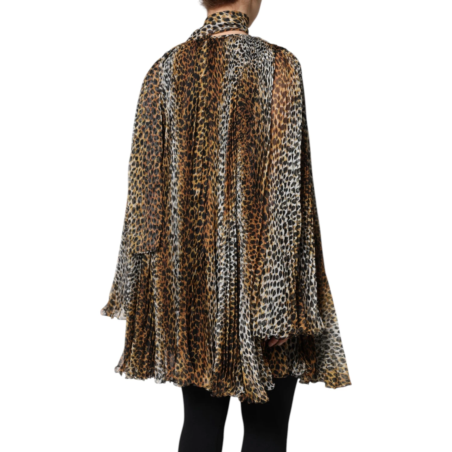 Brown Leopard Print Scarf Collared Chiffon Dress