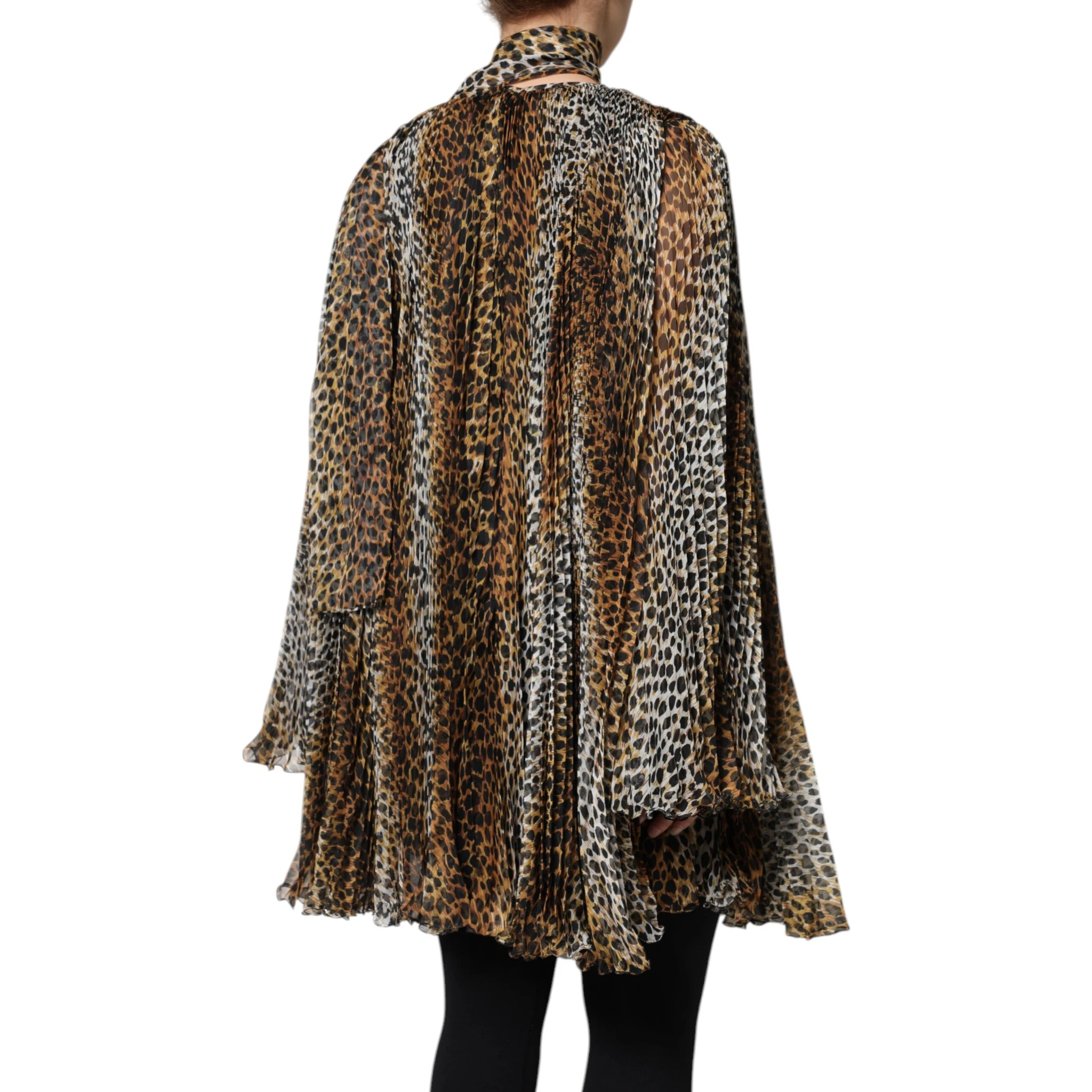 Brown Leopard Print Scarf Collared Chiffon Dress