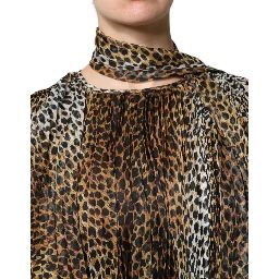 Brown Leopard Print Scarf Collared Chiffon Dress