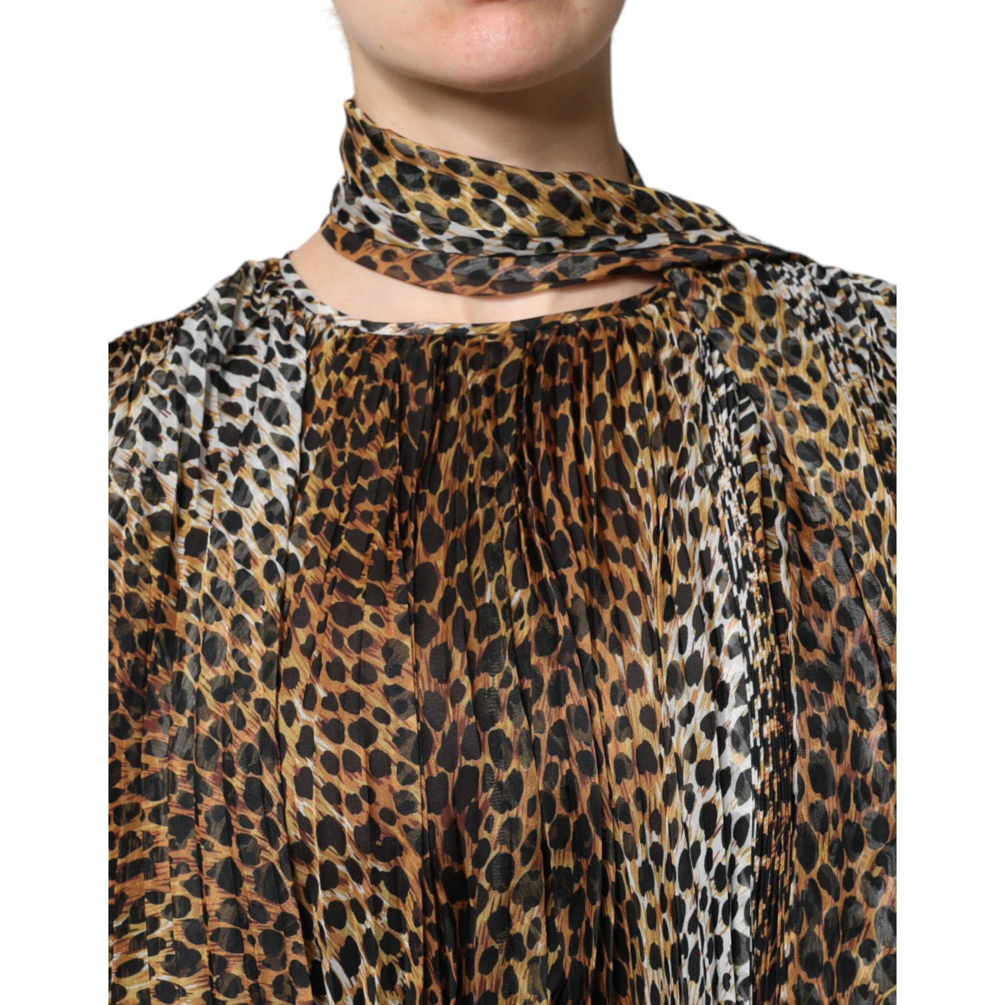 Brown Leopard Print Scarf Collared Chiffon Dress