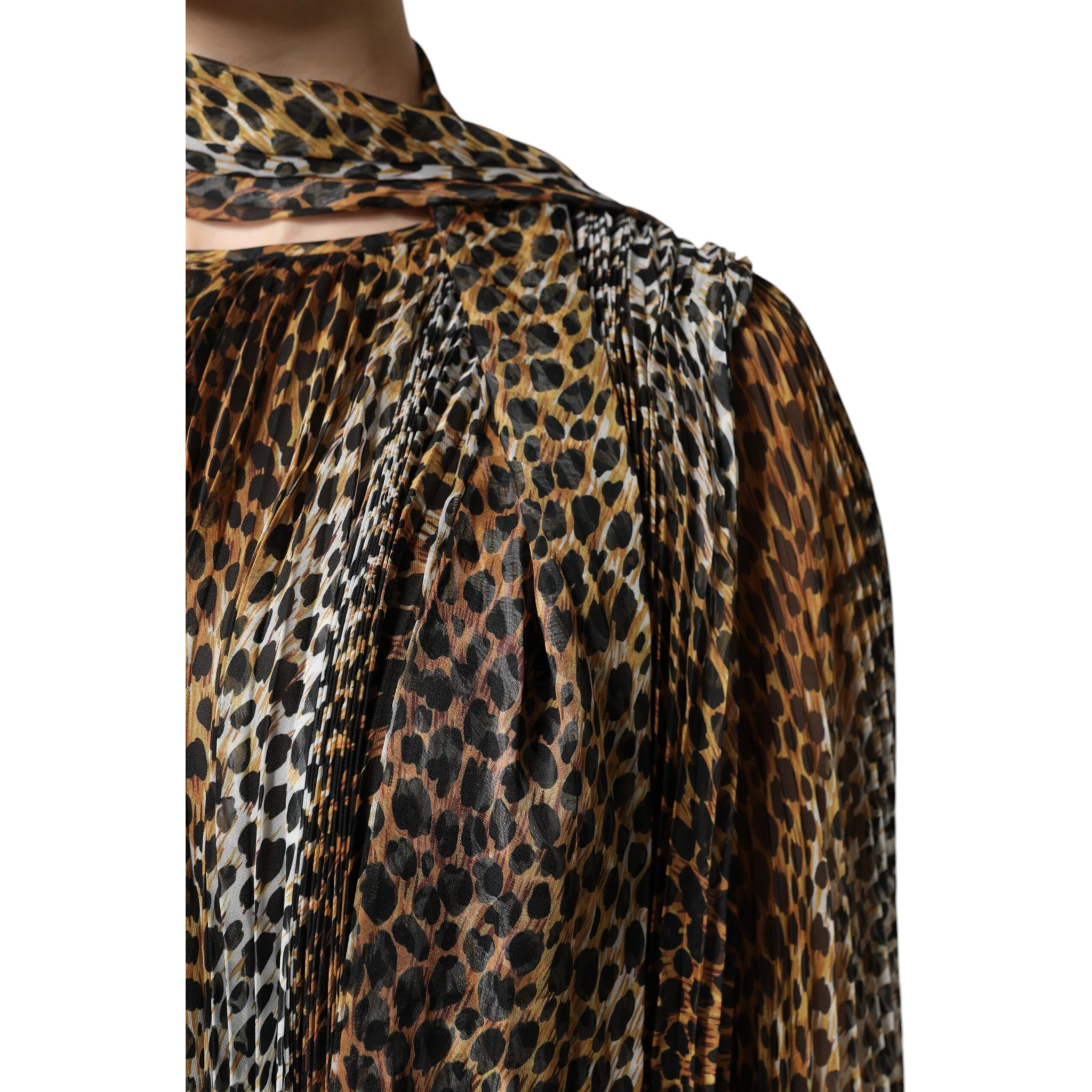 Brown Leopard Print Scarf Collared Chiffon Dress