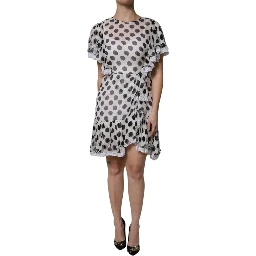 White Polka Dotted Silk Blend A-line Dress
