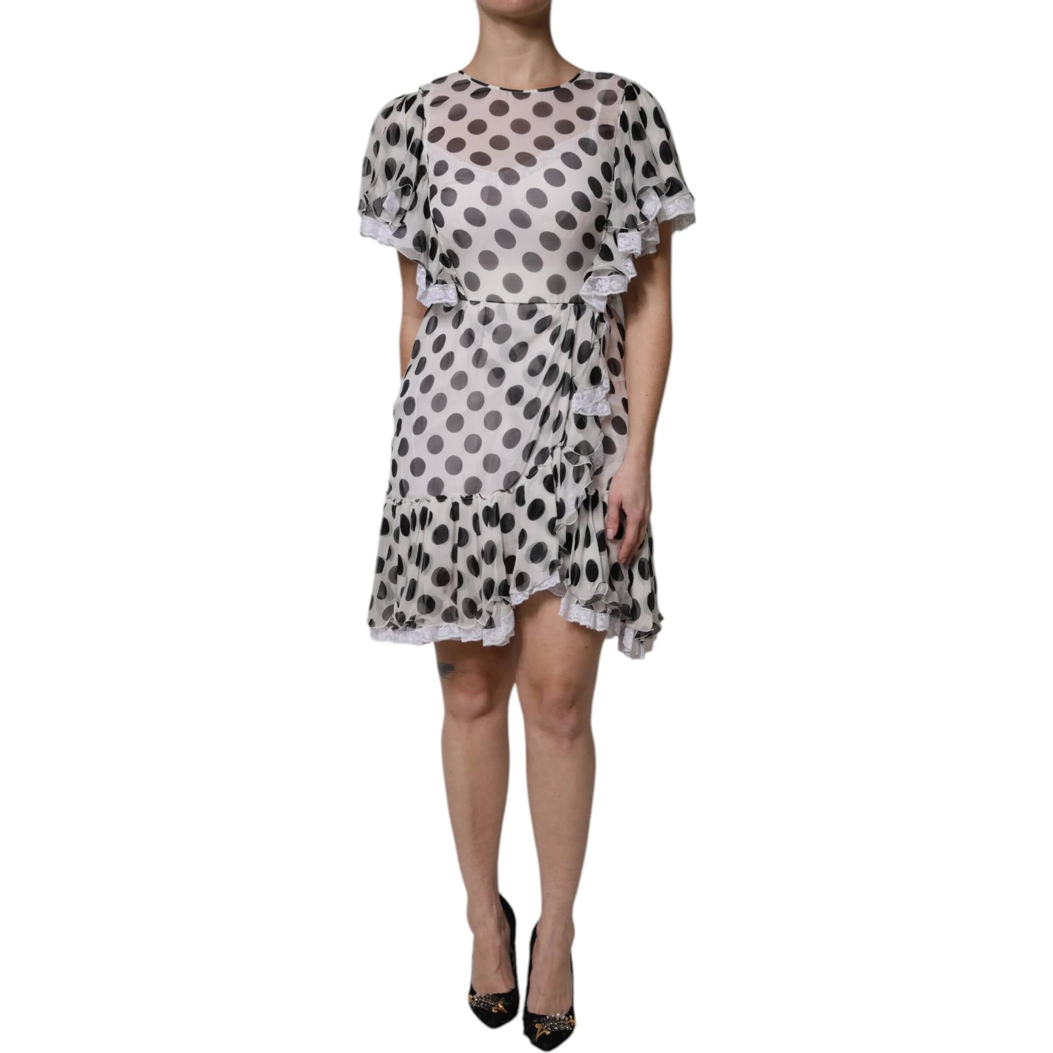 White Polka Dotted Silk Blend A-line Dress