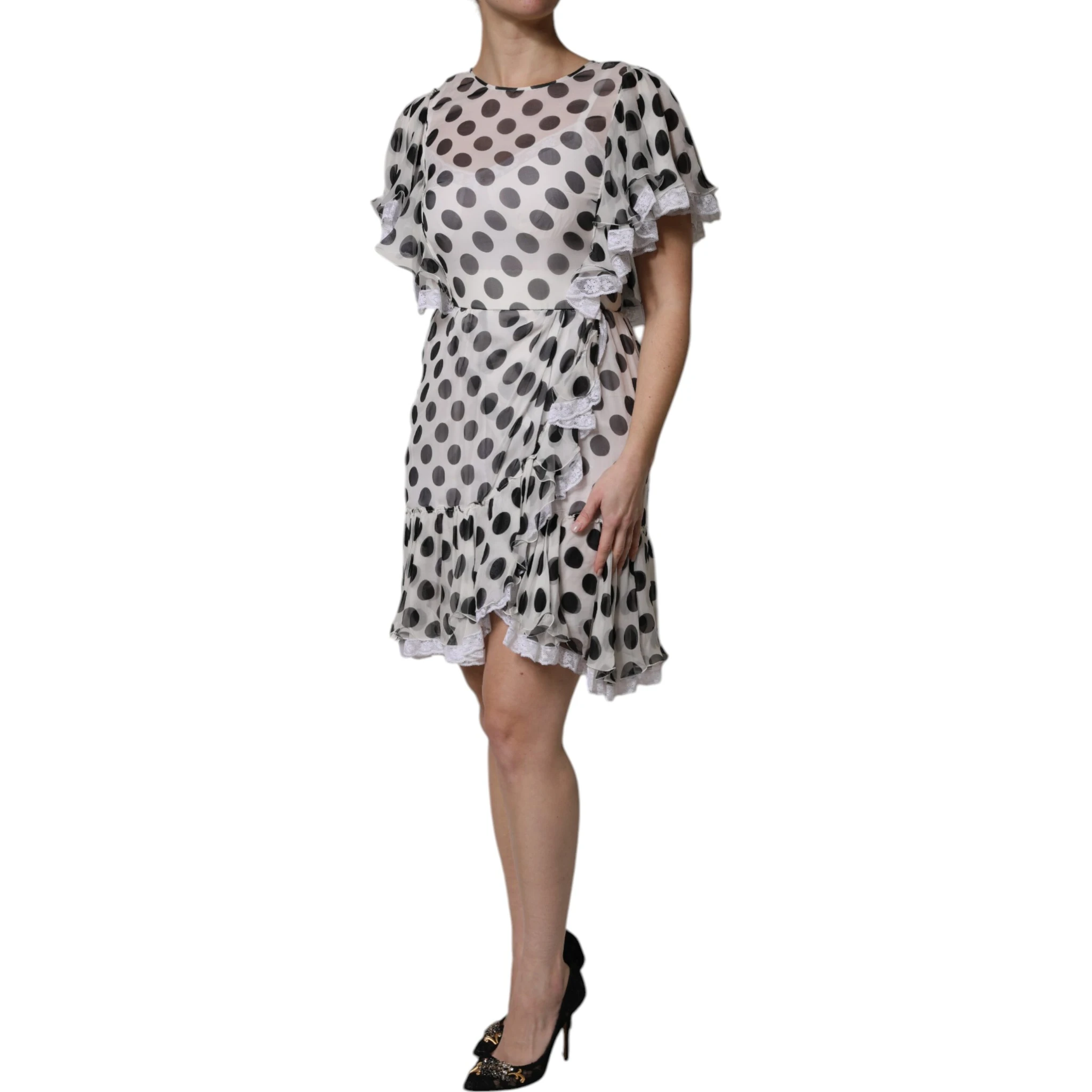 White Polka Dotted Silk Blend A-line Dress