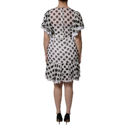 White Polka Dotted Silk Blend A-line Dress