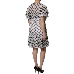 White Polka Dotted Silk Blend A-line Dress