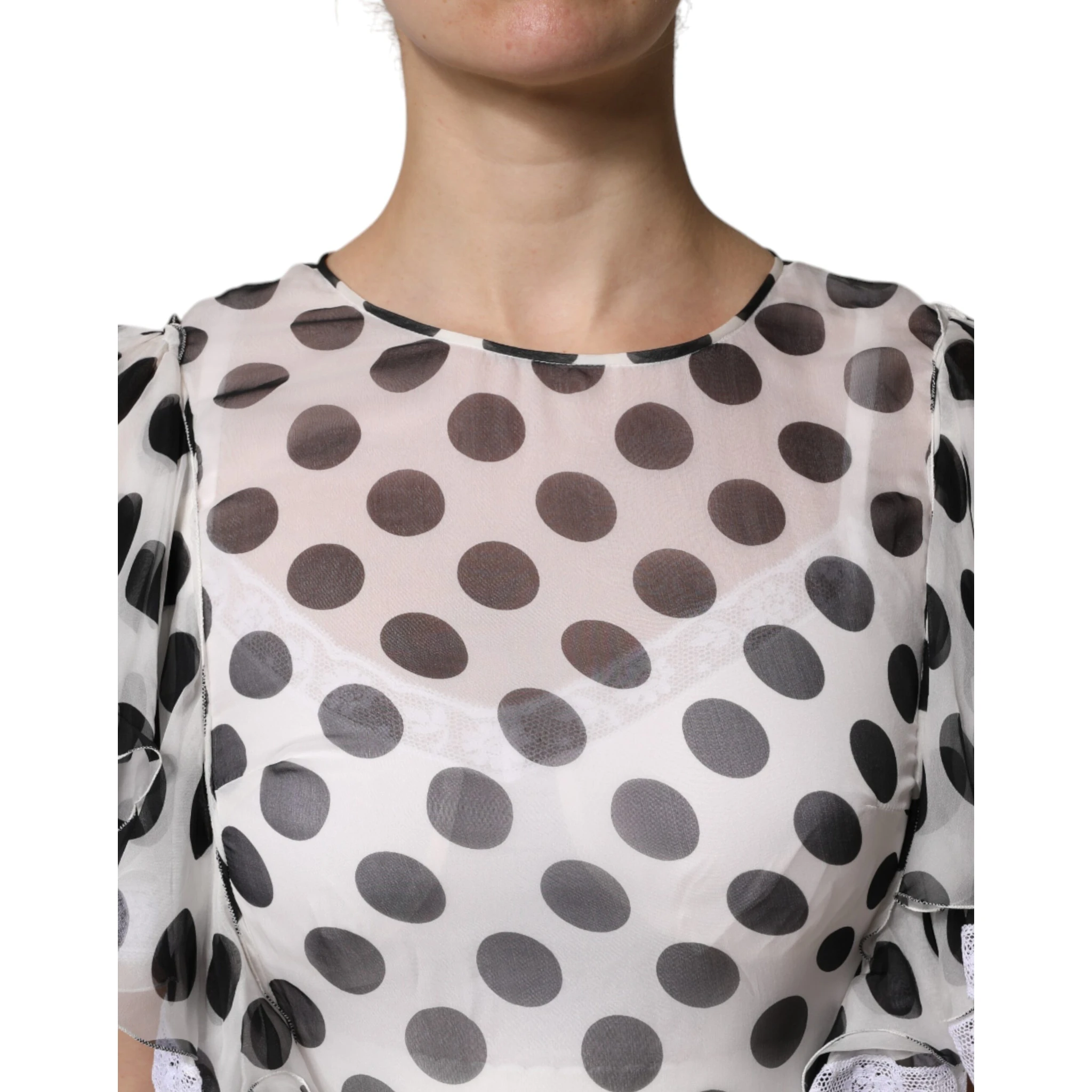 White Polka Dotted Silk Blend A-line Dress