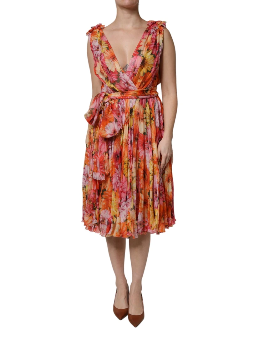 Multicolor Floral Silk V-neck Chiffon Dress