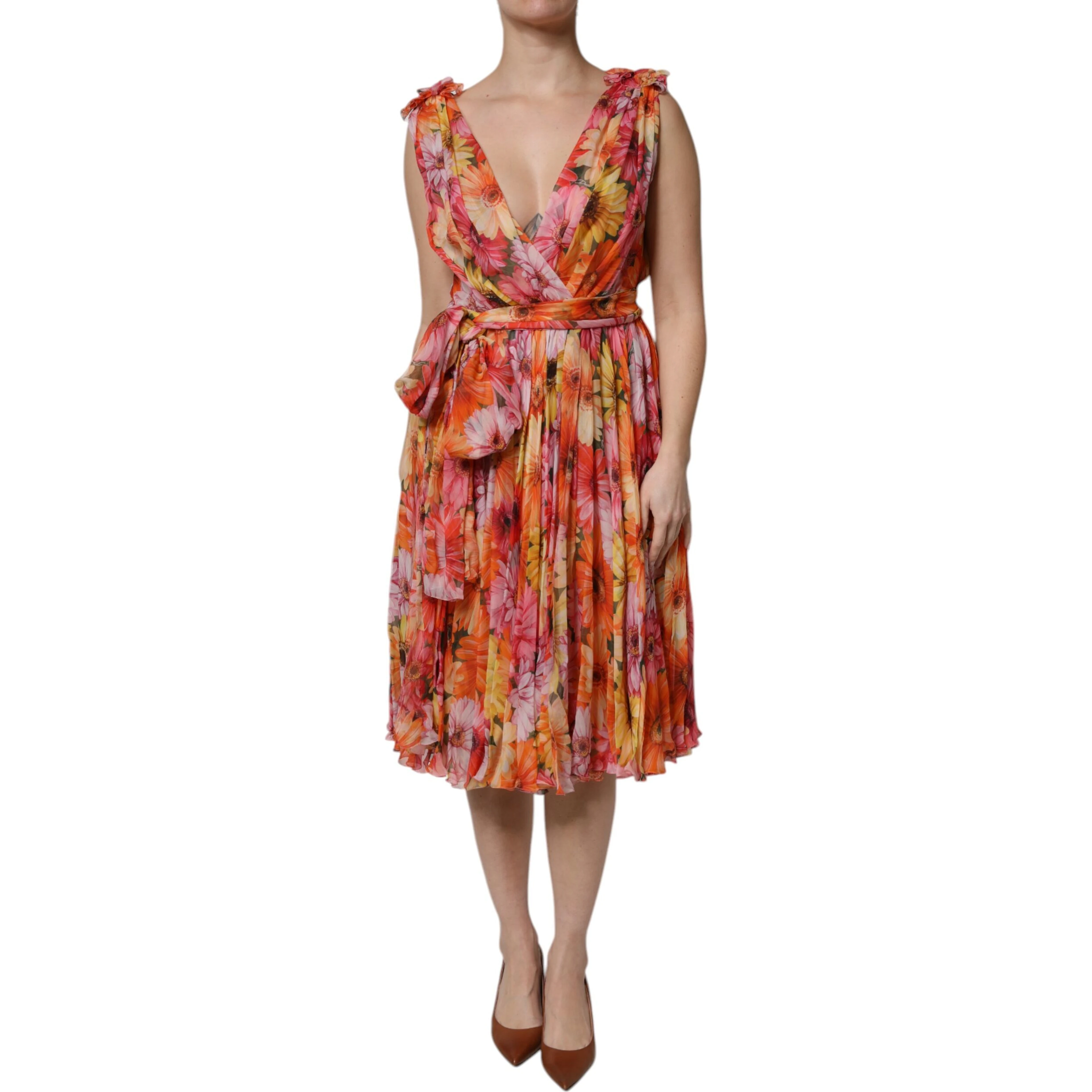 Multicolor Floral Silk V-neck Chiffon Dress