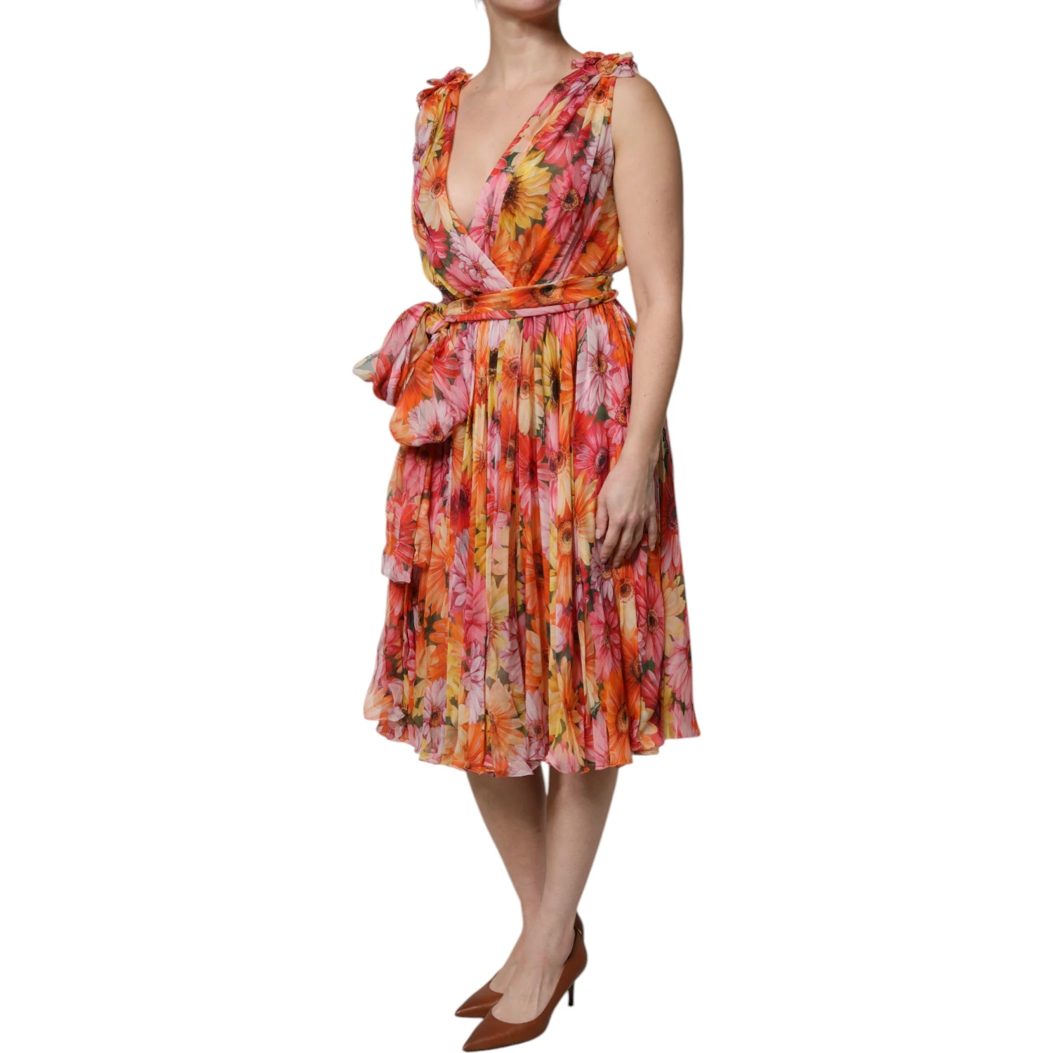 Multicolor Floral Silk V-neck Chiffon Dress