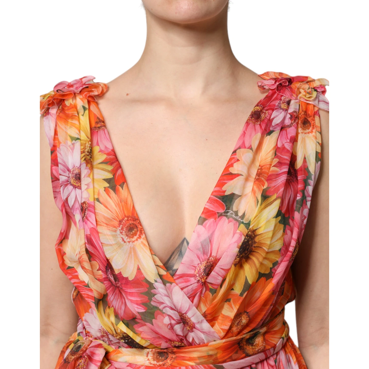 Multicolor Floral Silk V-neck Chiffon Dress