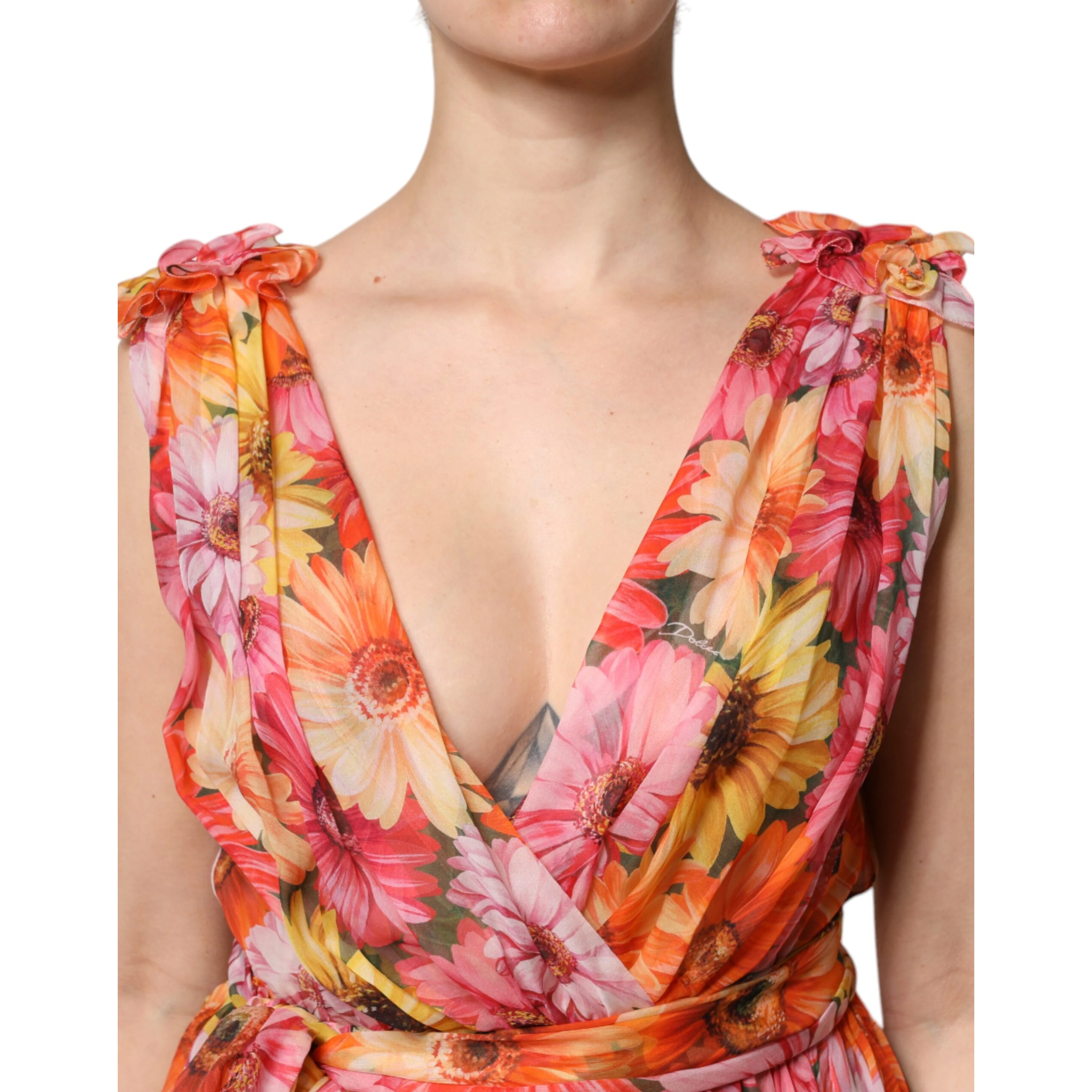 Multicolor Floral Silk V-neck Chiffon Dress