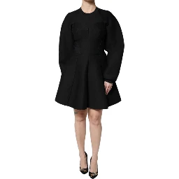 Black Cotton Long Sleeves A-line Mini Dress