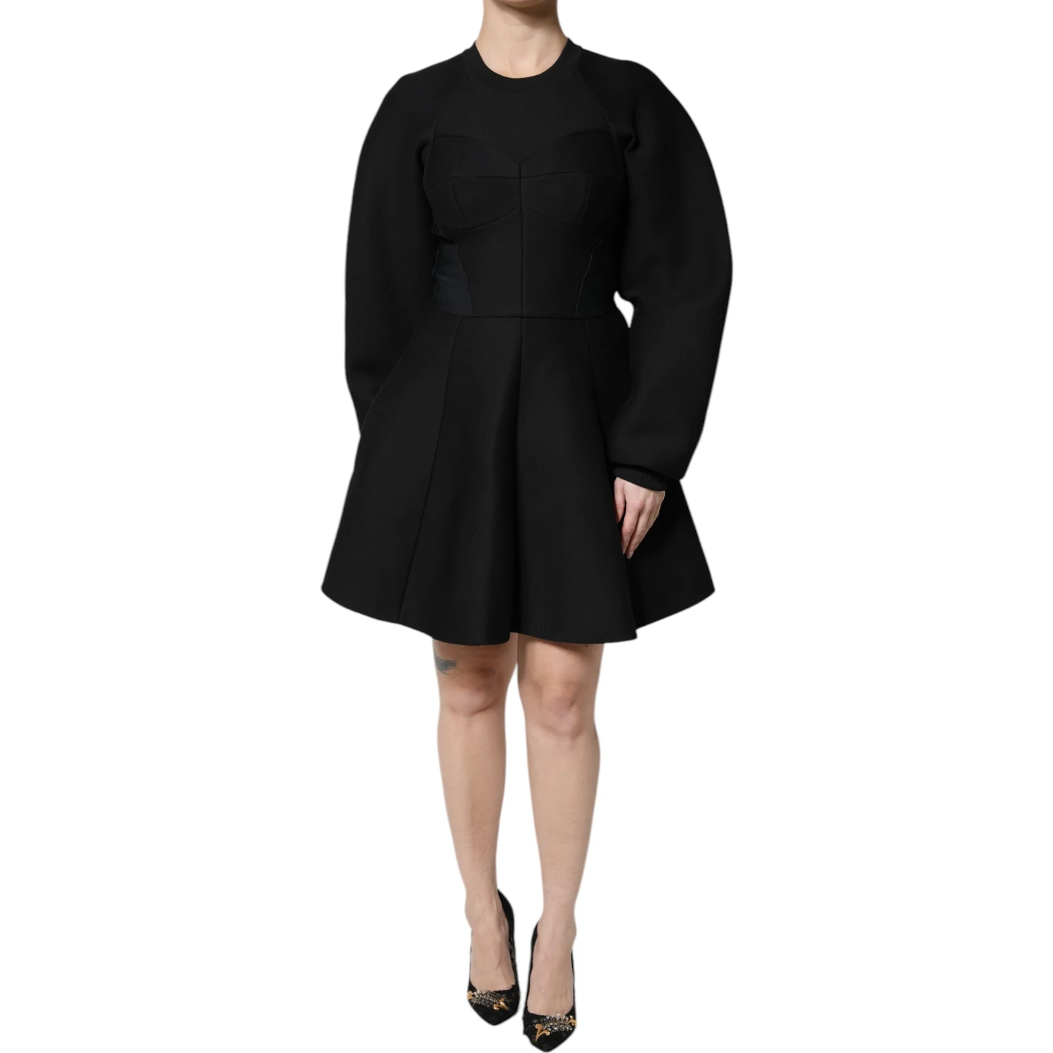 Black Cotton Long Sleeves A-line Mini Dress