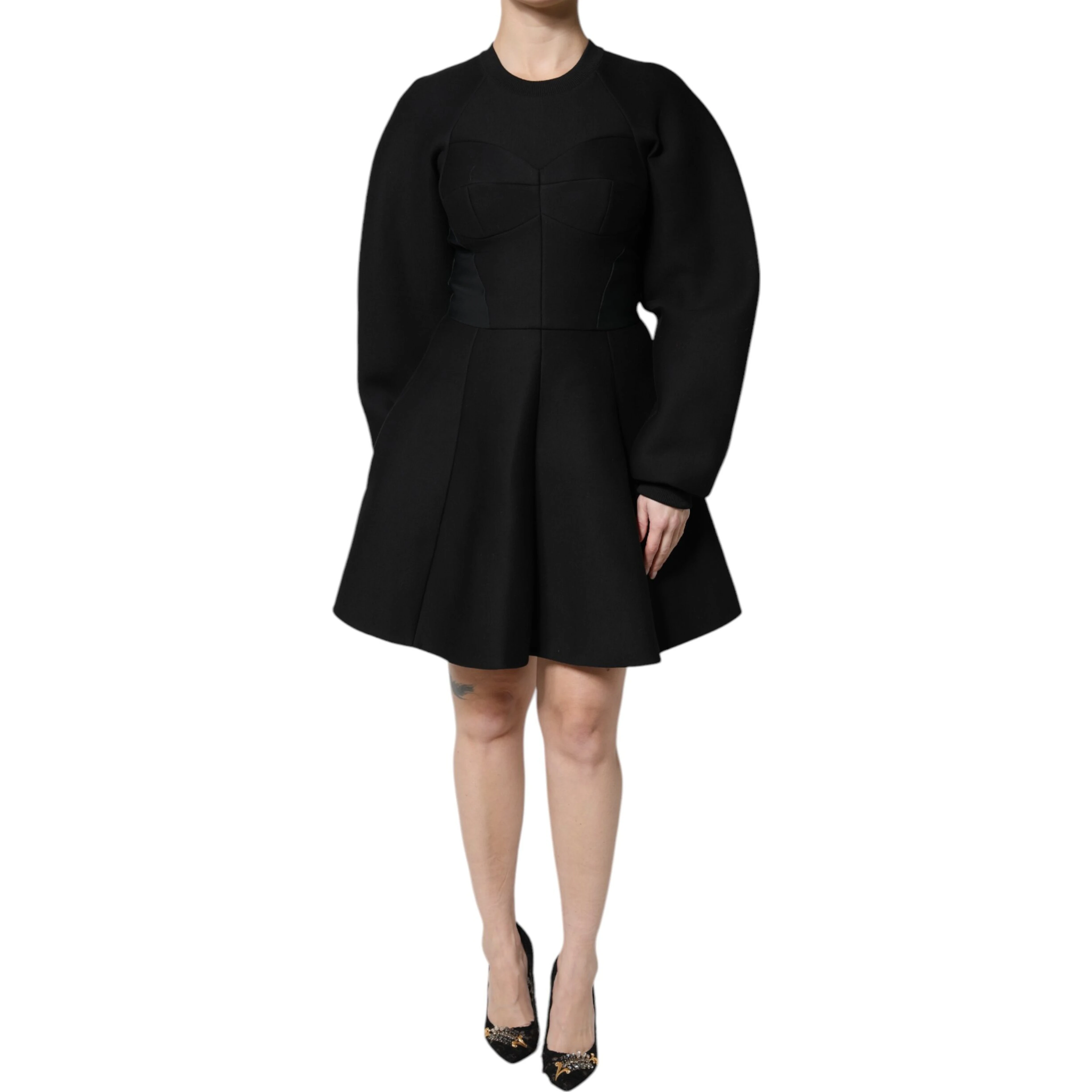 Black Cotton Long Sleeves A-line Mini Dress