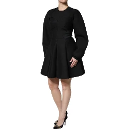 Black Cotton Long Sleeves A-line Mini Dress