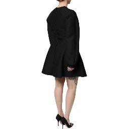 Black Cotton Long Sleeves A-line Mini Dress