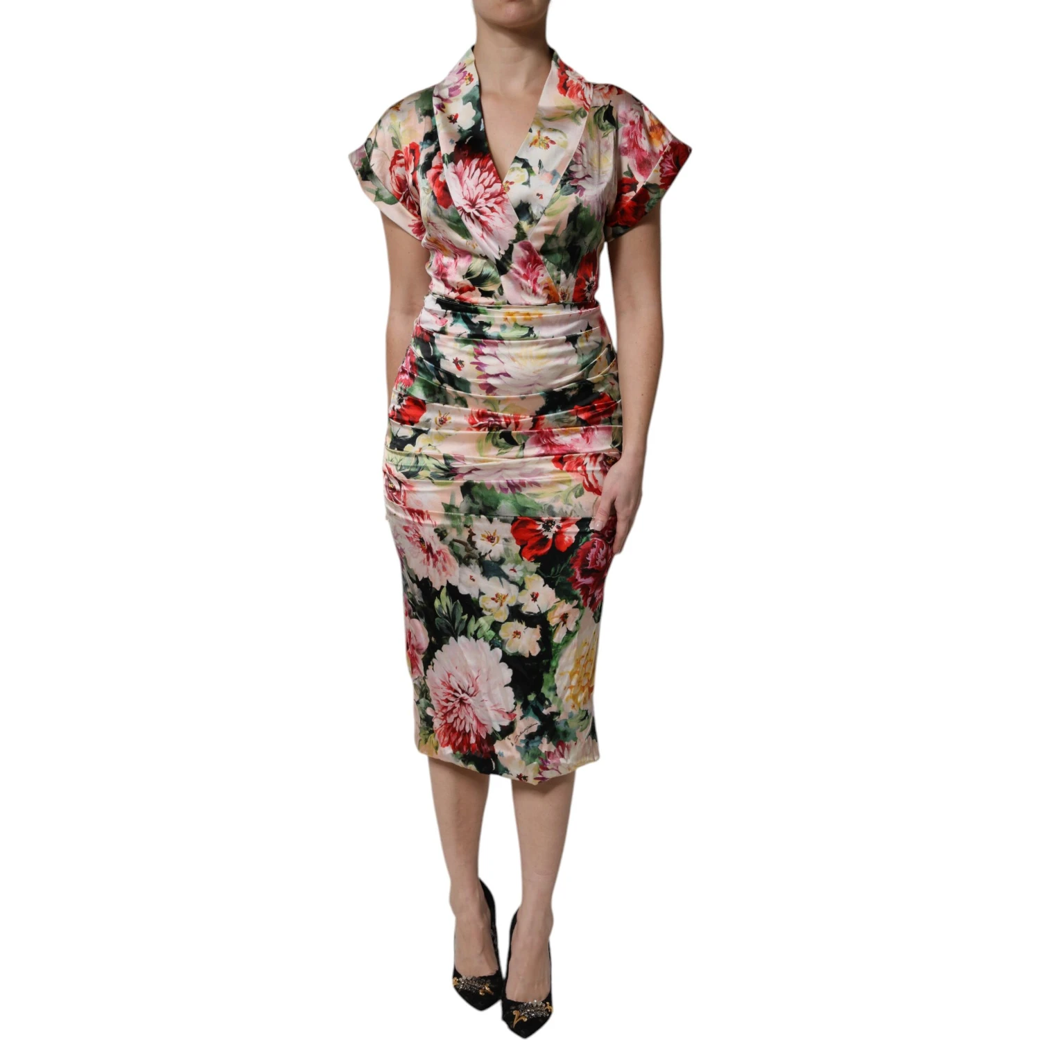 Multicolor Floral Short Sleeves Sheath Midi Dress