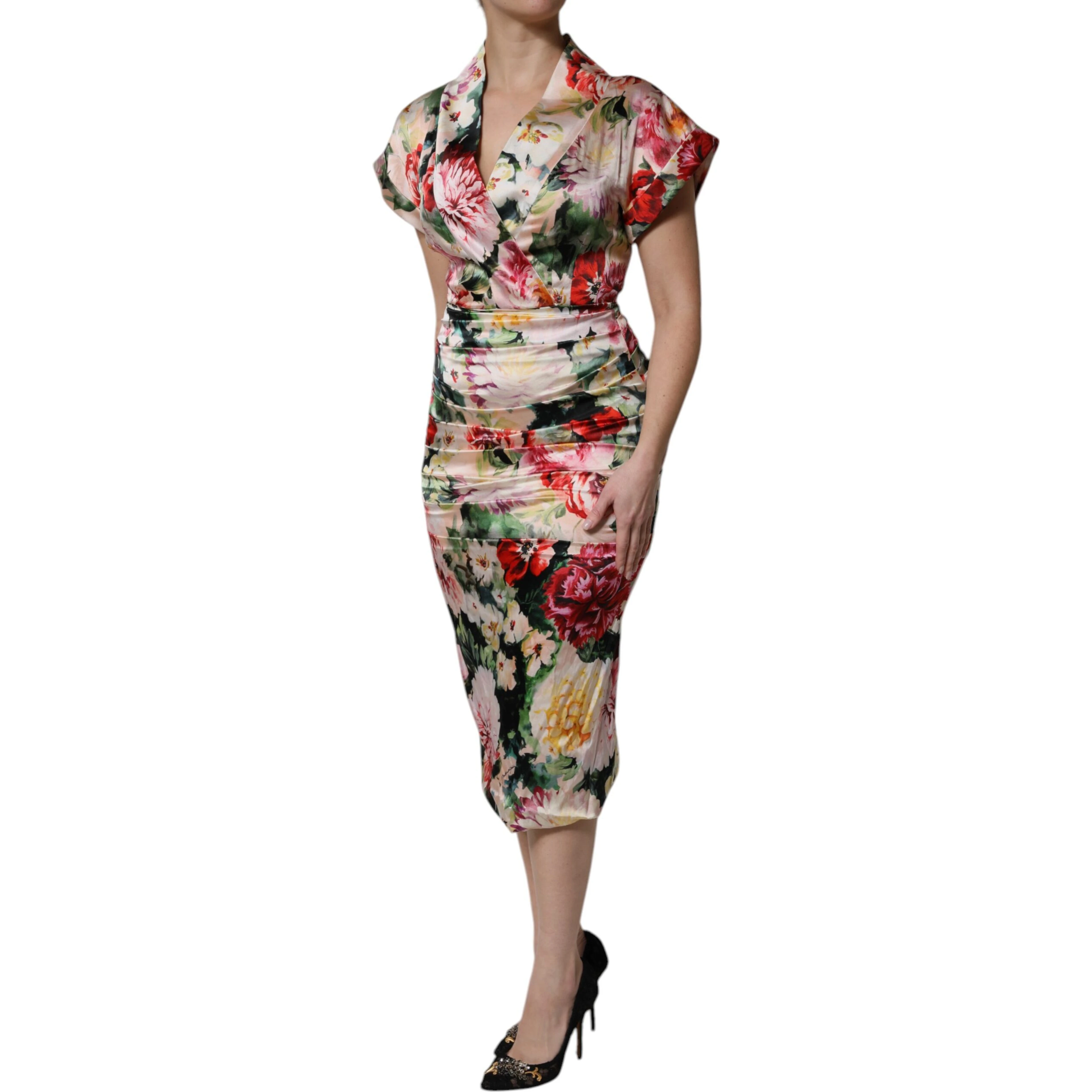 Multicolor Floral Short Sleeves Sheath Midi Dress