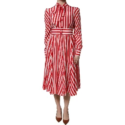 White Red Stripes Long Sleeves Midi Dress