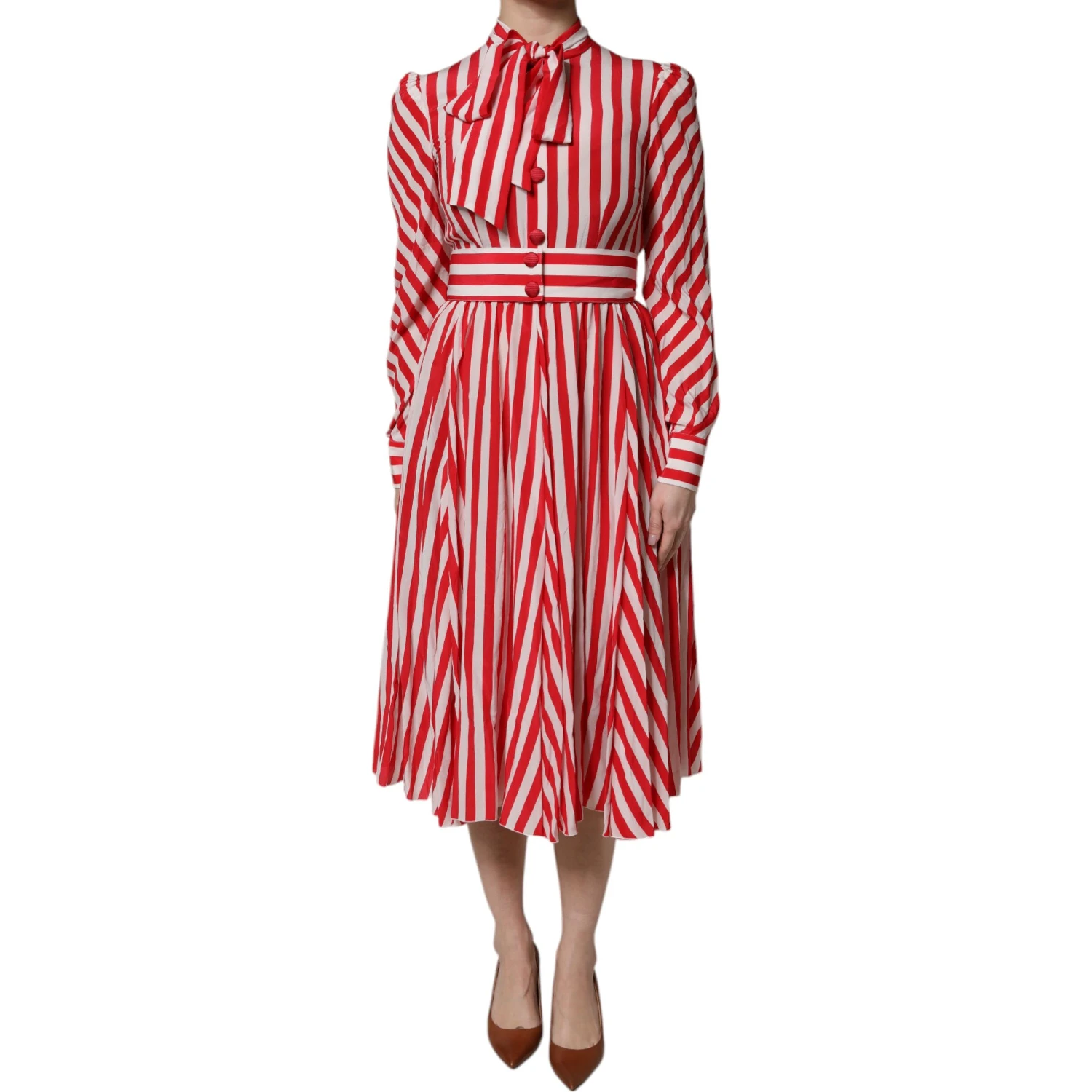 White Red Stripes Long Sleeves Midi Dress