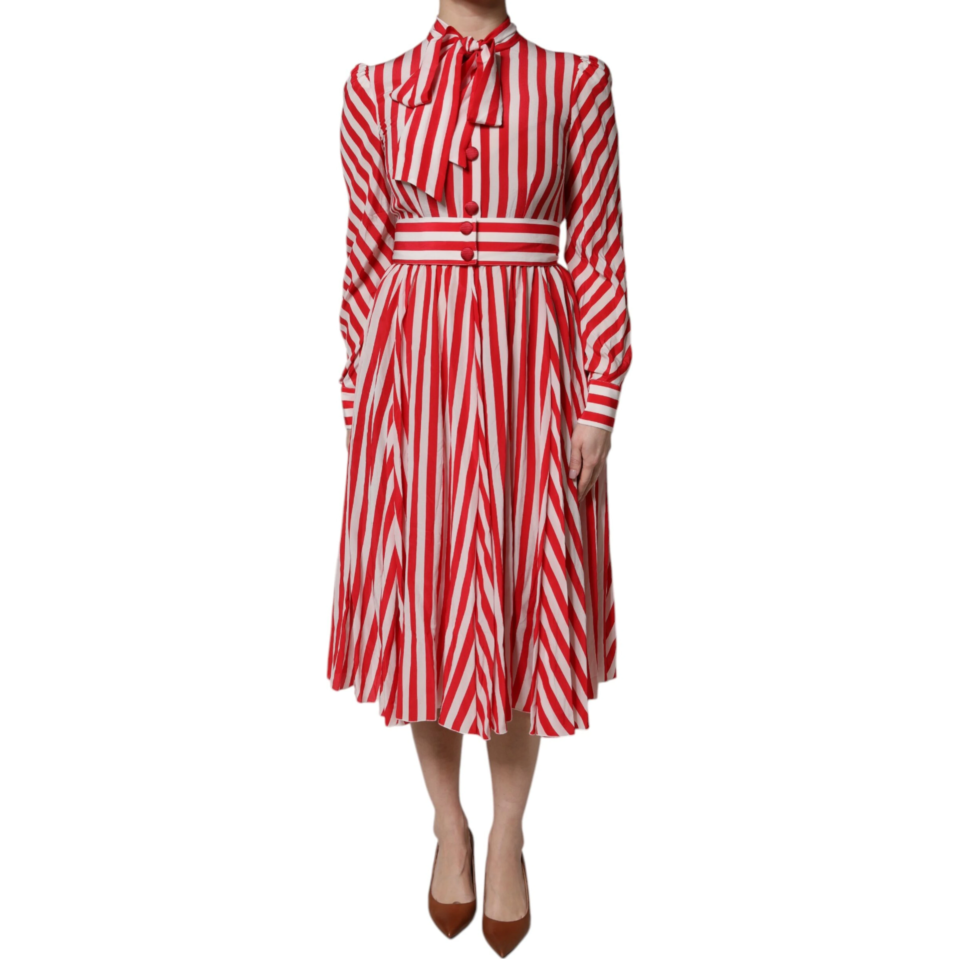 White Red Stripes Long Sleeves Midi Dress