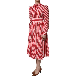 White Red Stripes Long Sleeves Midi Dress