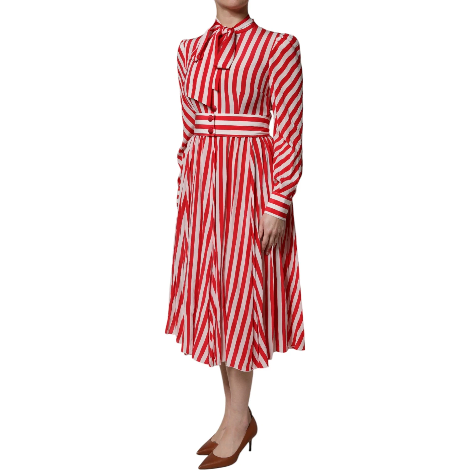 White Red Stripes Long Sleeves Midi Dress