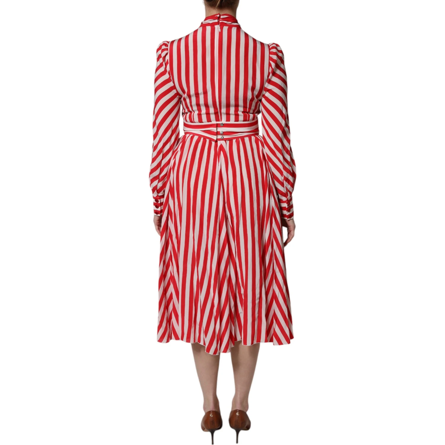 White Red Stripes Long Sleeves Midi Dress