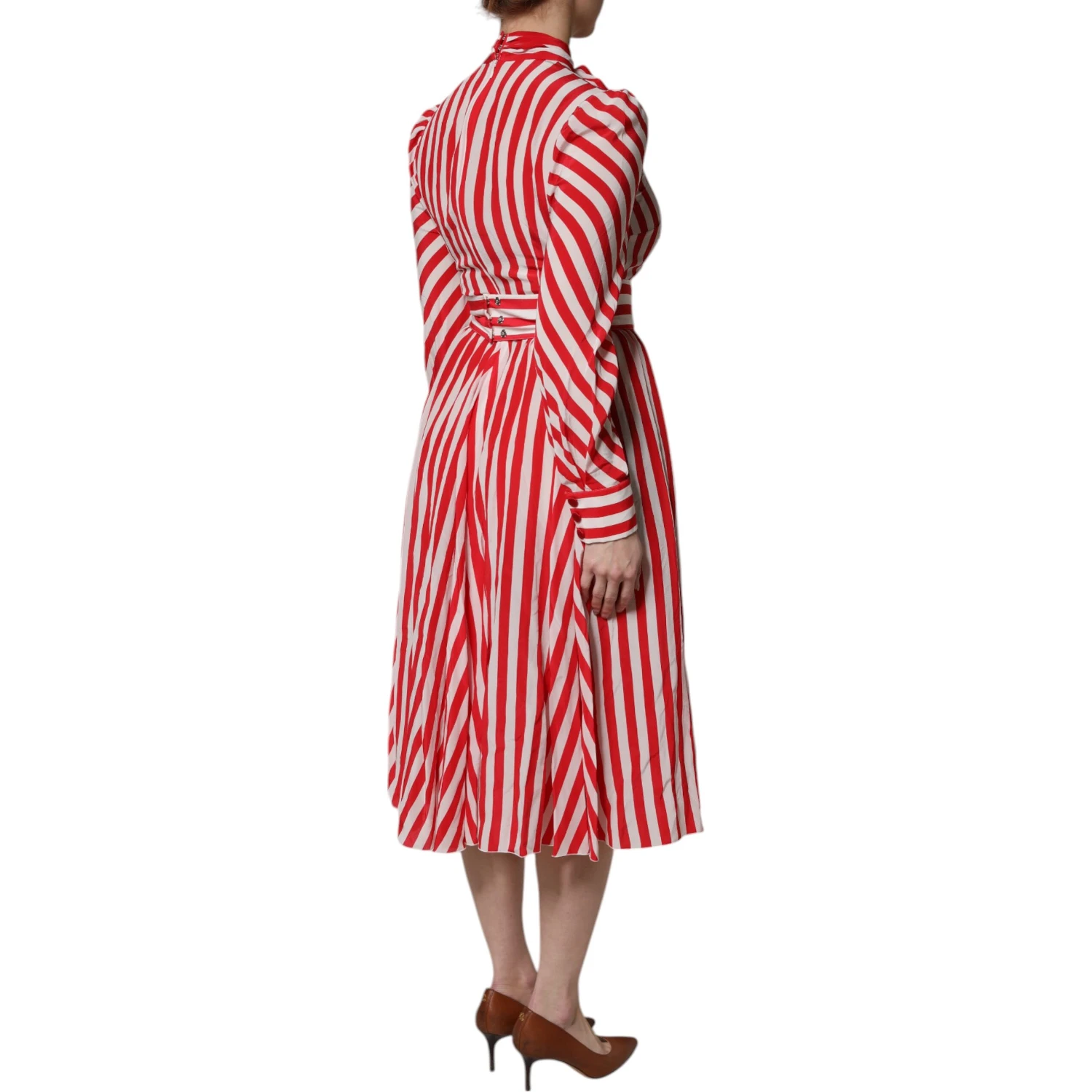 White Red Stripes Long Sleeves Midi Dress