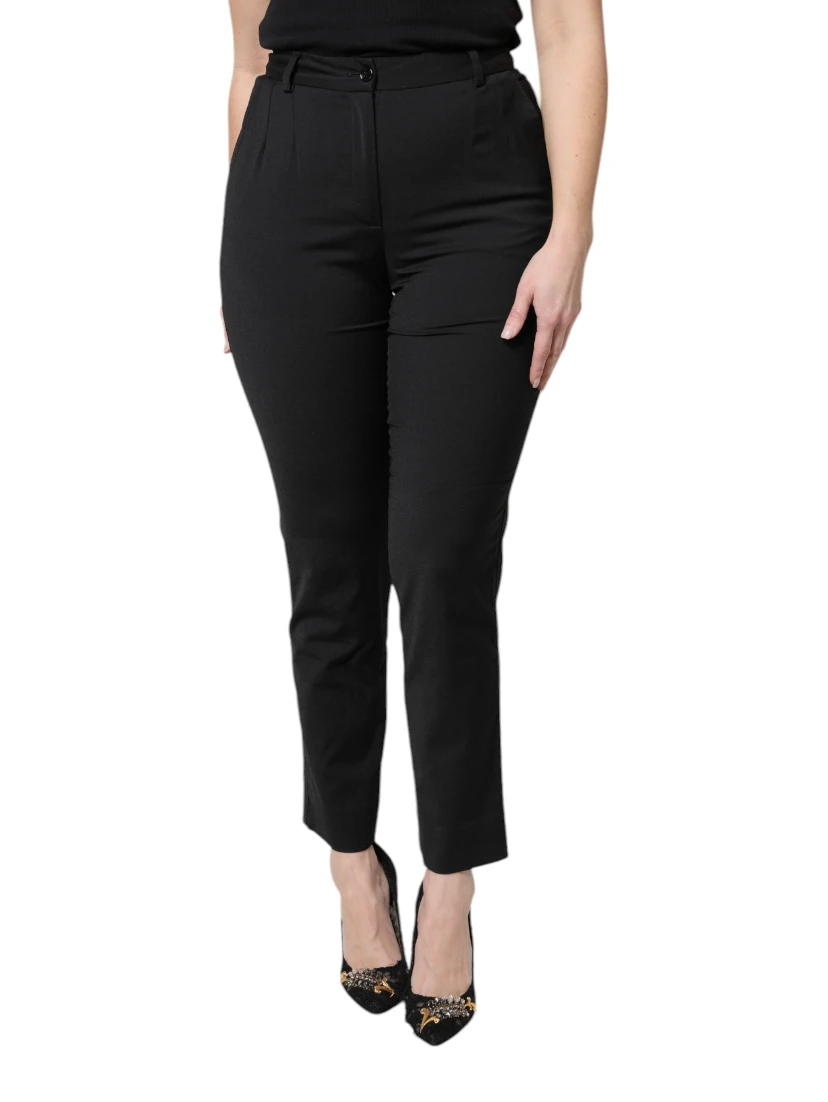 Black Polyester High Waist Slim Pants
