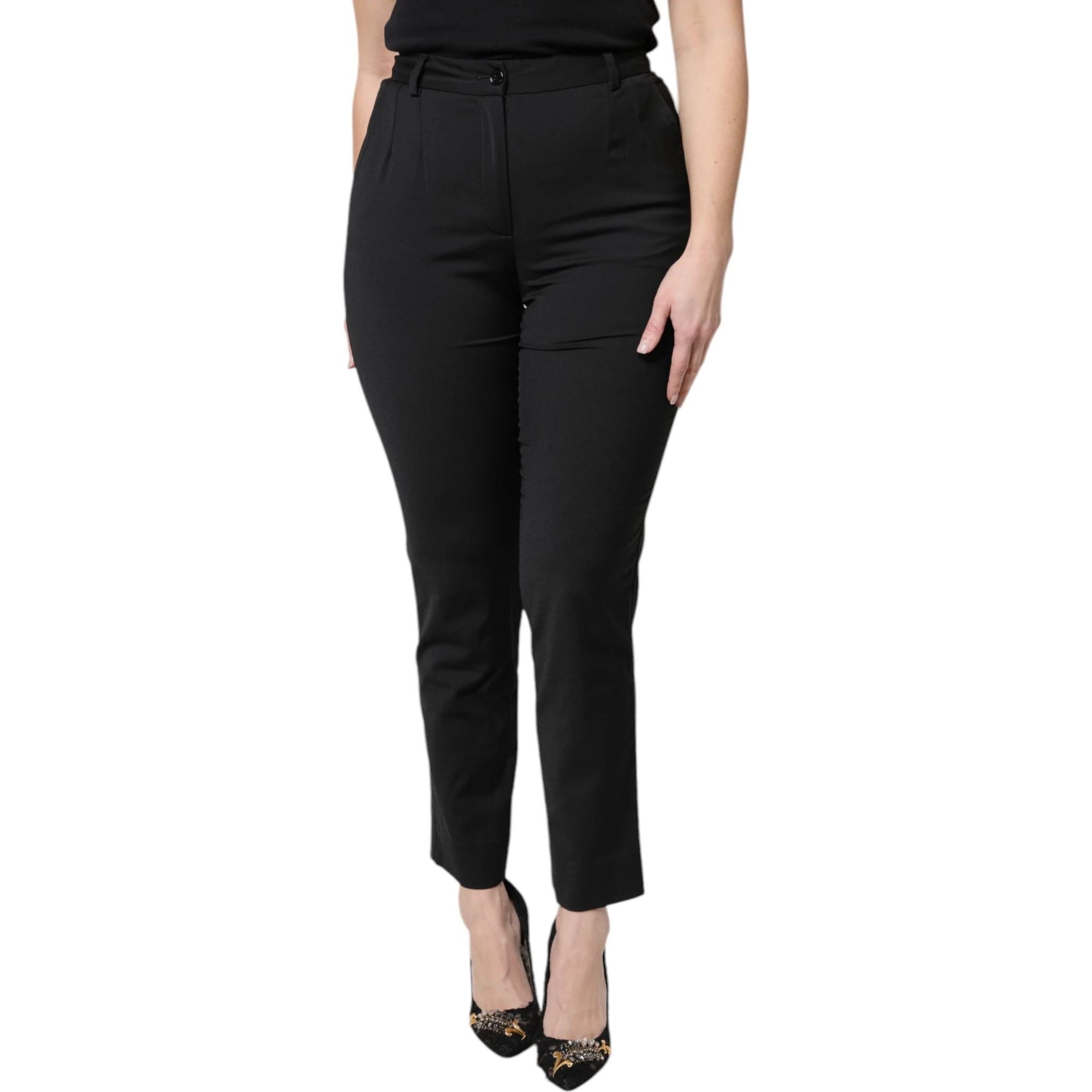 Black Polyester High Waist Slim Pants