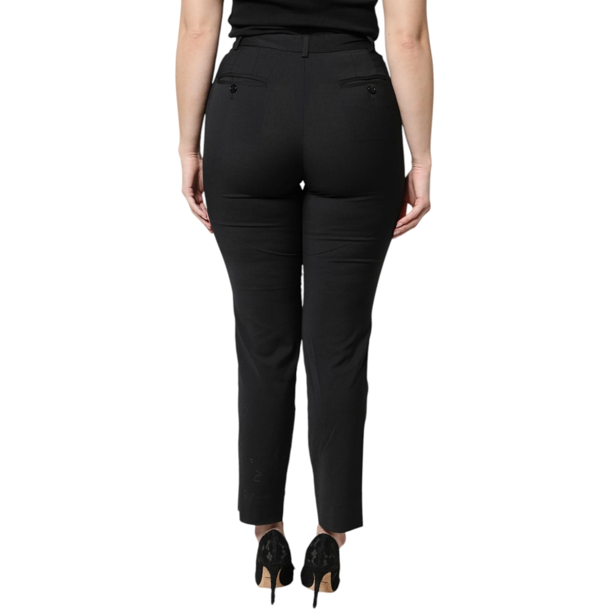 Black Polyester High Waist Slim Pants