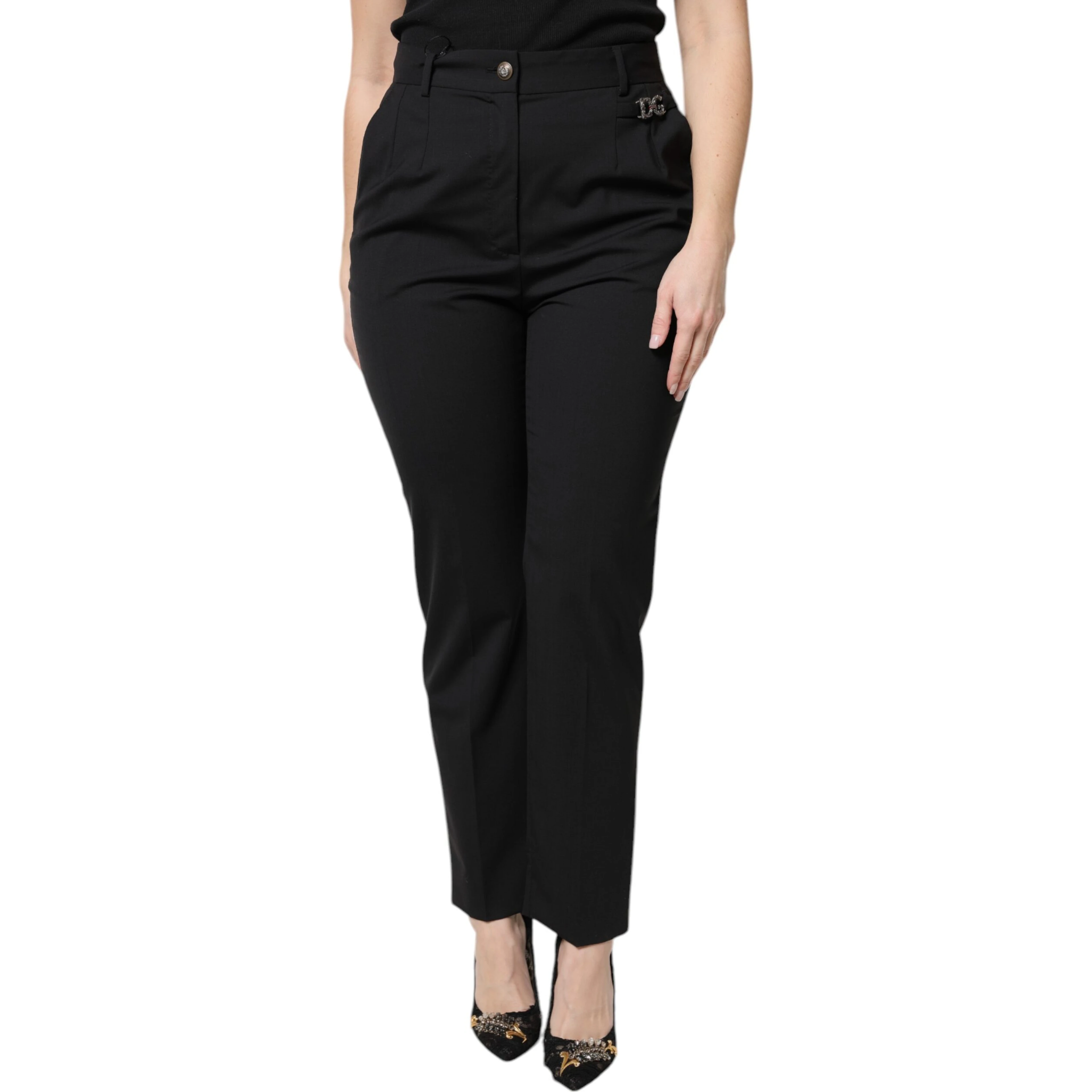Black Polyester High Waist Dress Pants