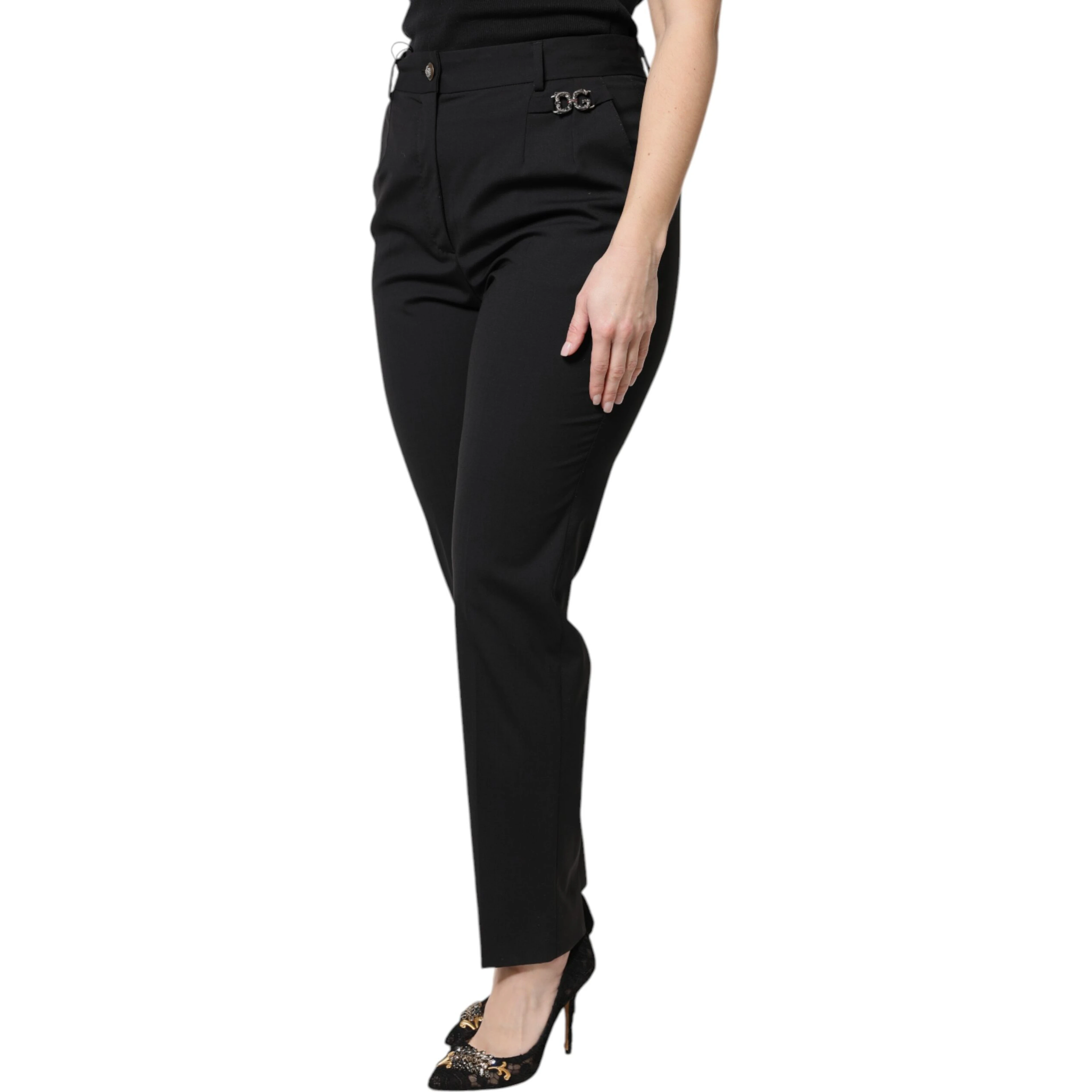 Black Polyester High Waist Dress Pants