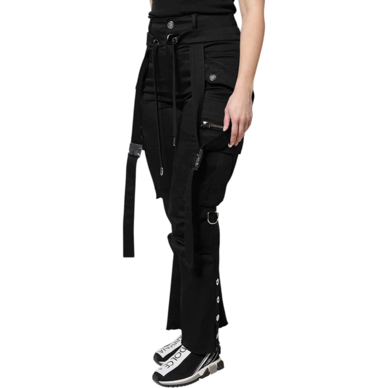 Black Cotton High Waist Cargo Pants