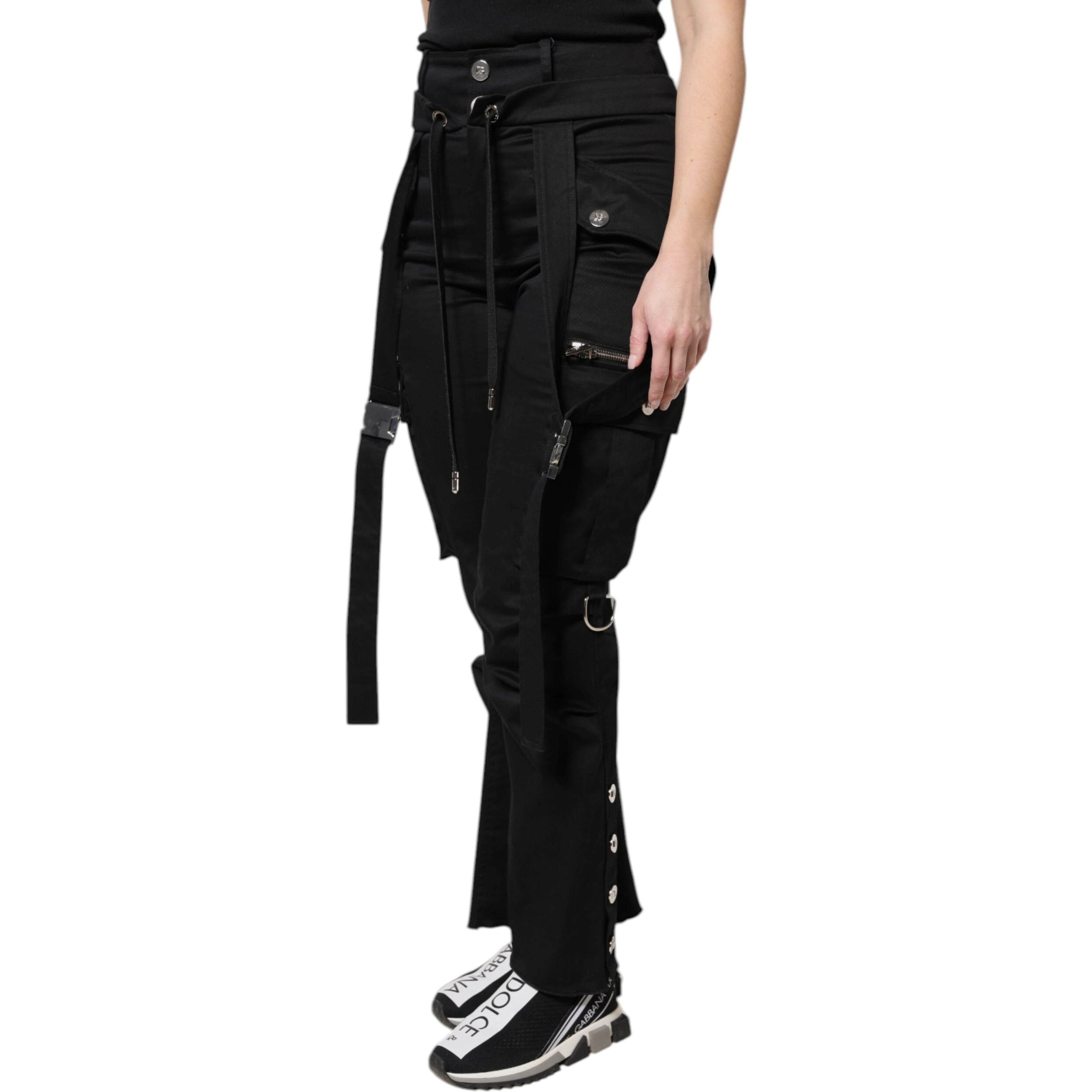 Black Cotton High Waist Cargo Pants