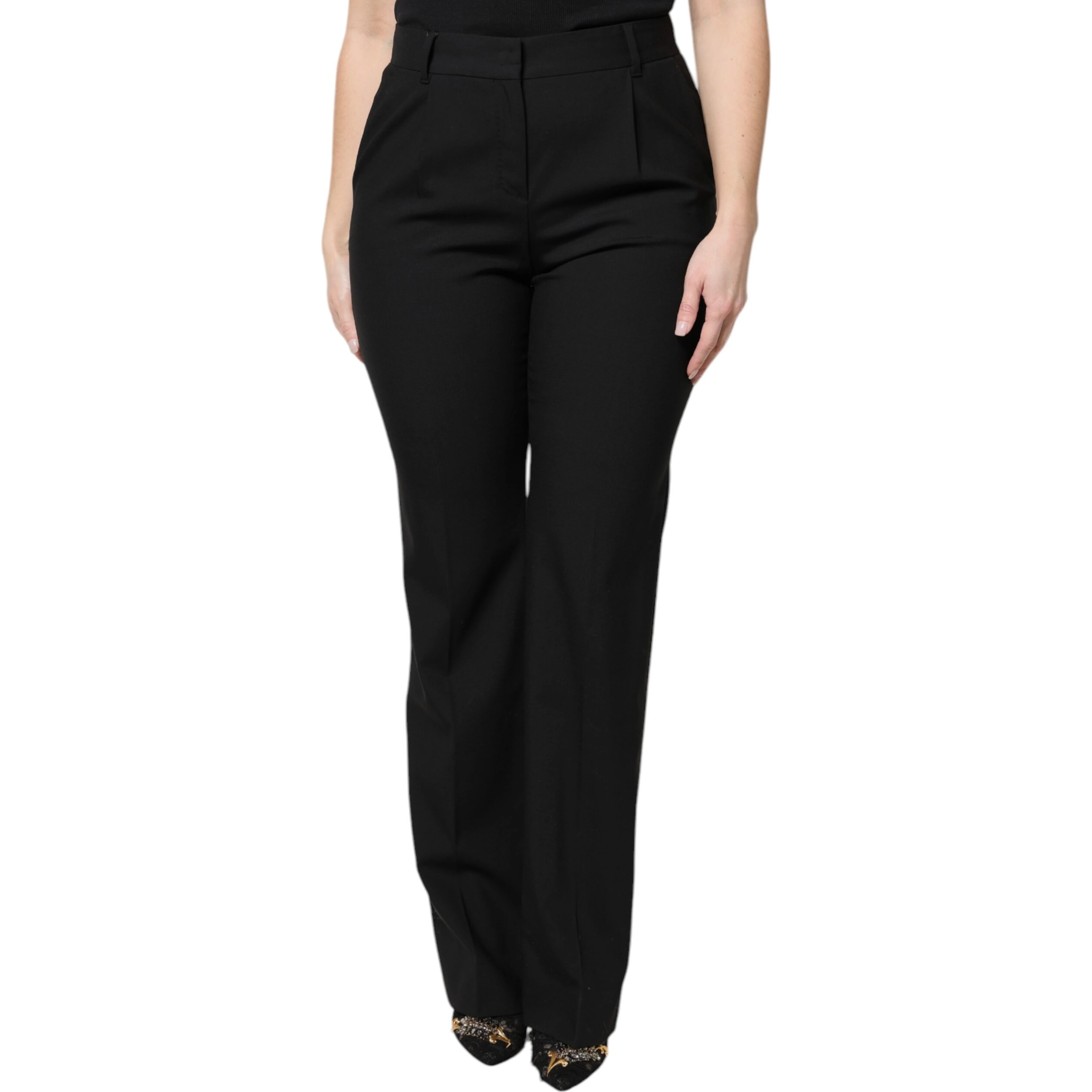 Black Wool High Waist Boot Cut Dress Pants