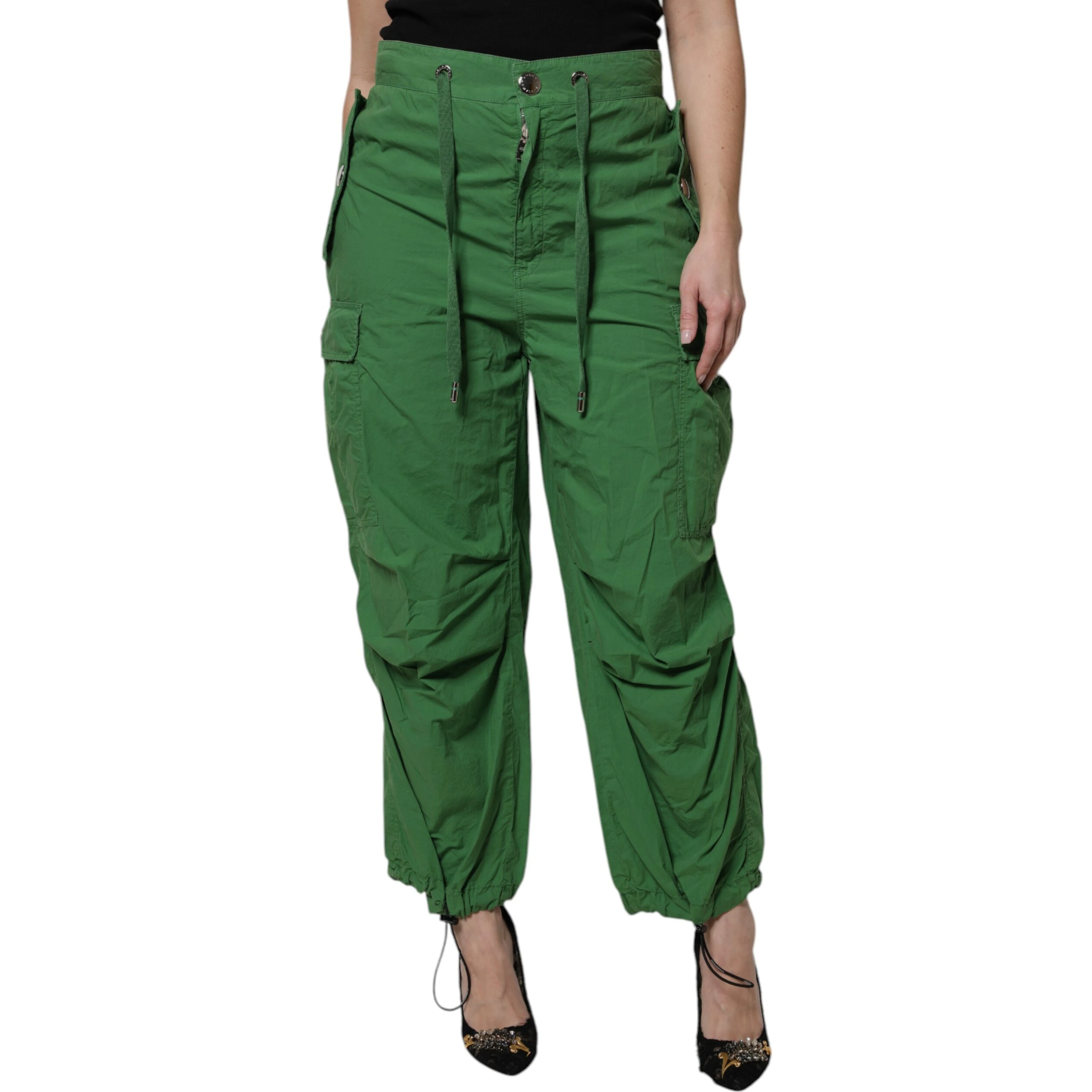 Green Cotton High Waist Cargo Pants