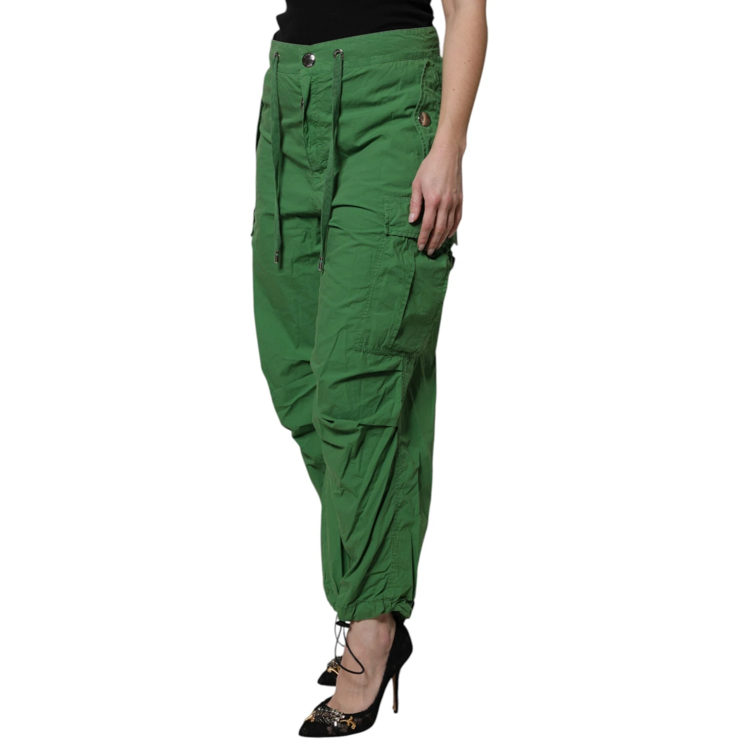 Green Cotton High Waist Cargo Pants