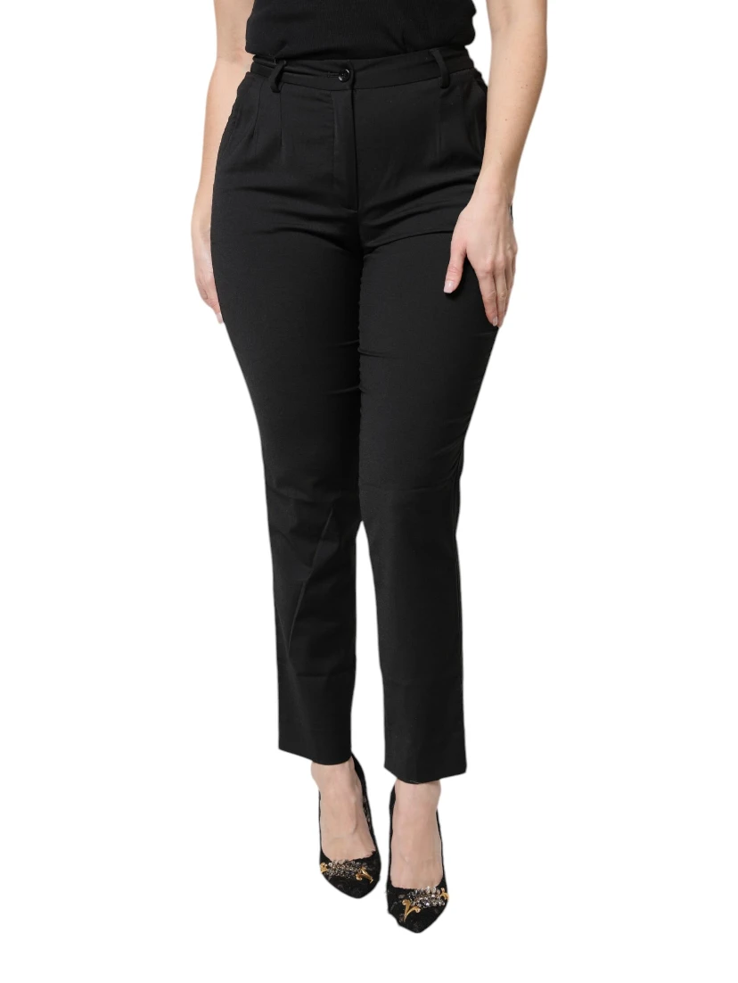 Black Polyester High Waist Slim Pants
