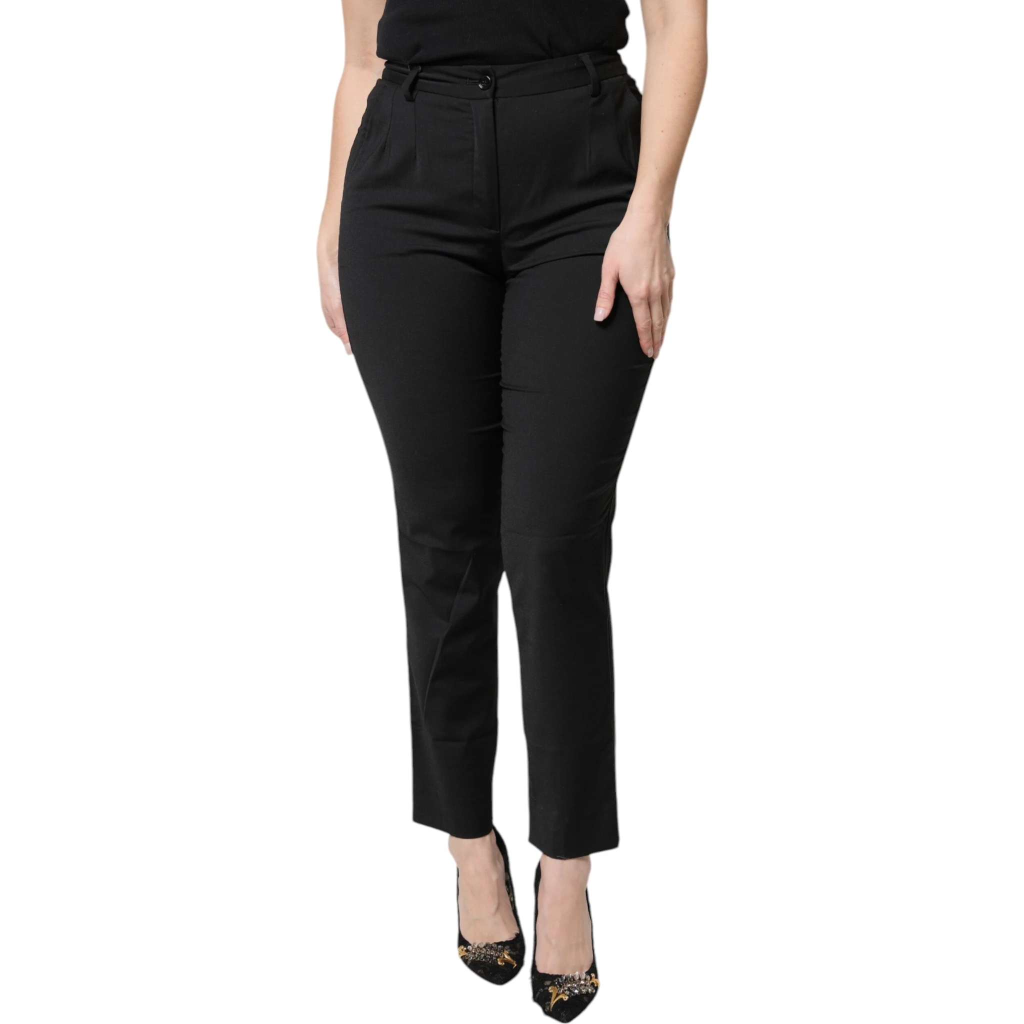 Black Polyester High Waist Slim Pants