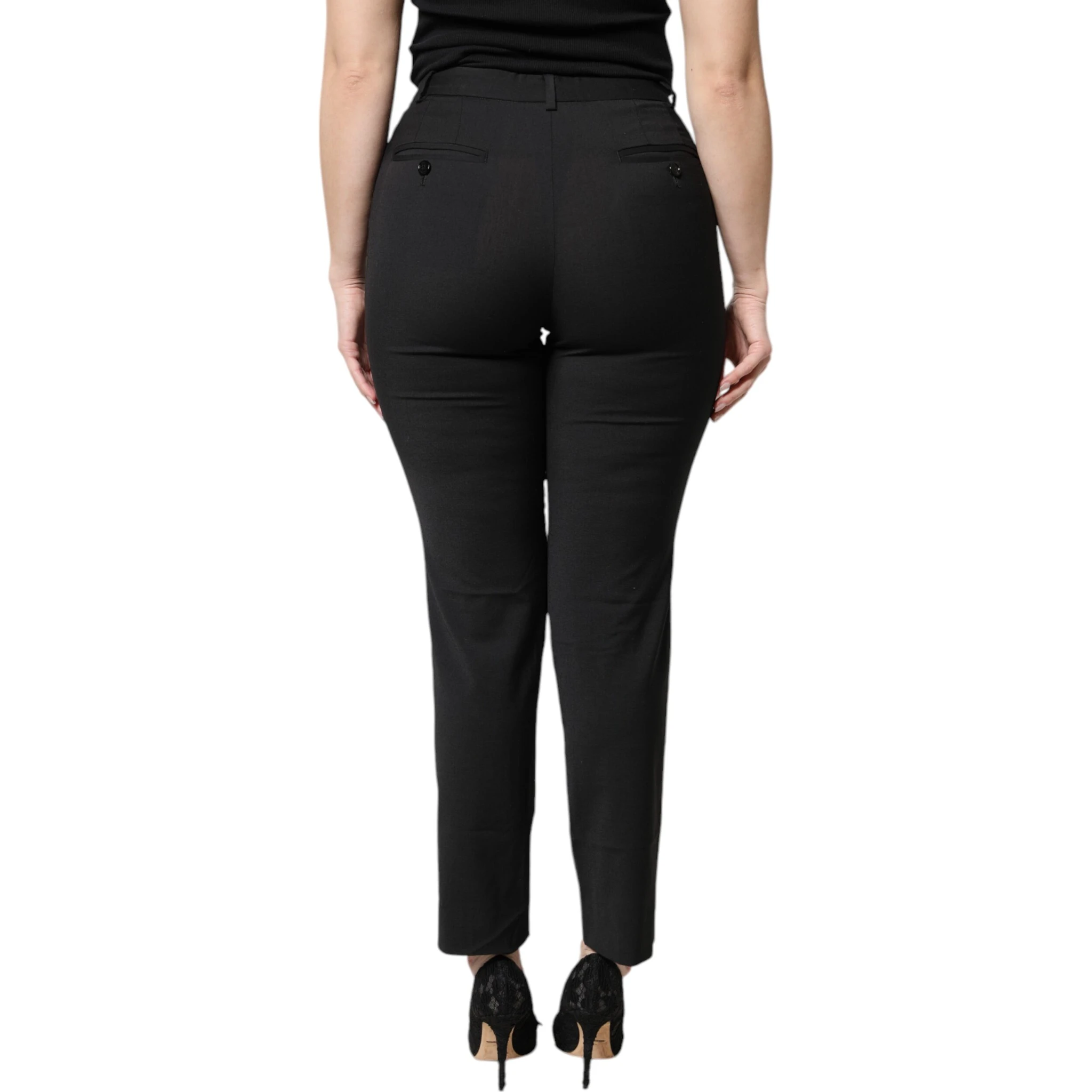 Black Polyester High Waist Slim Pants