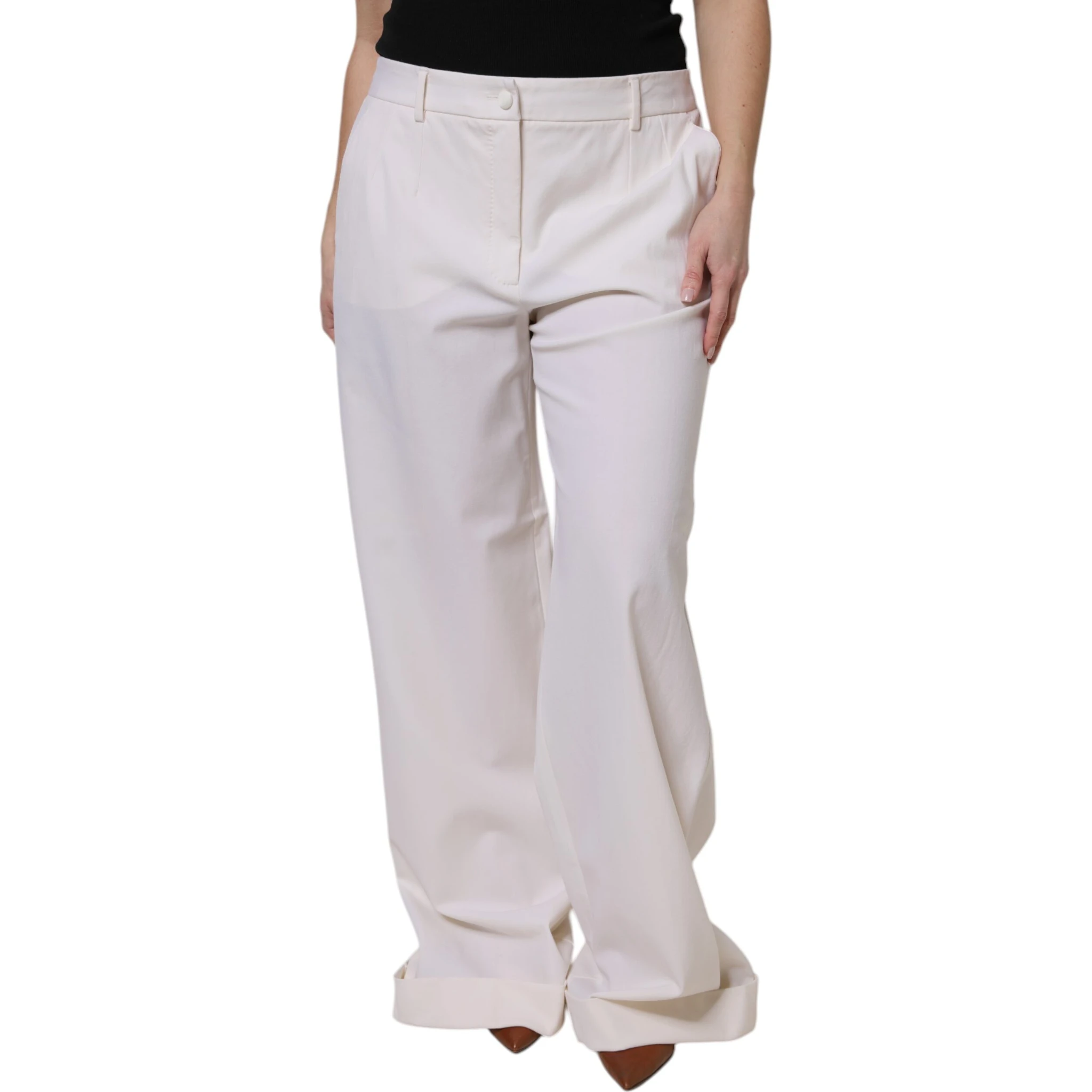 White Wool Mid Waist Wide Leg Pants
