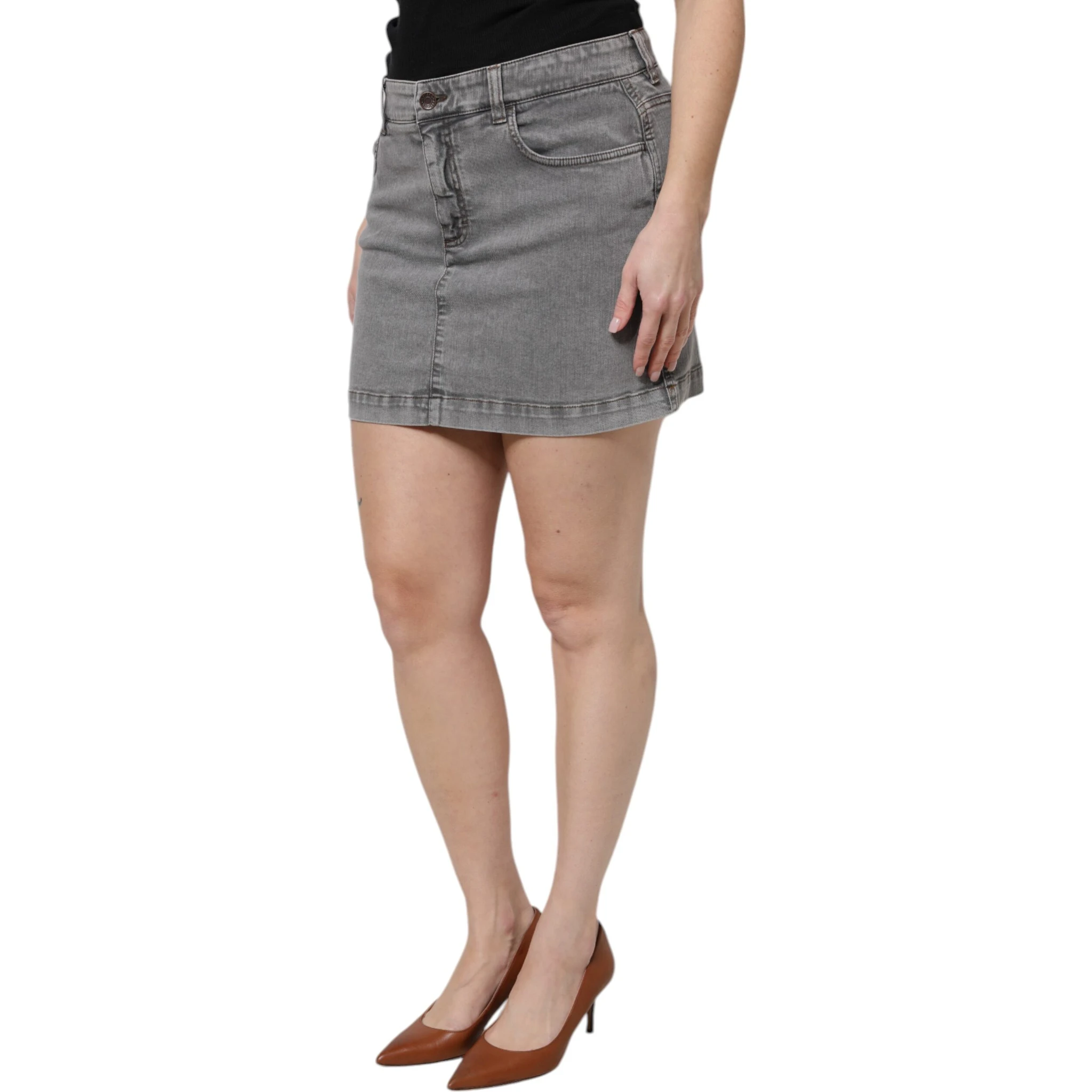 Gray Cotton Stretch Mid Waist Denim Mini Skirt