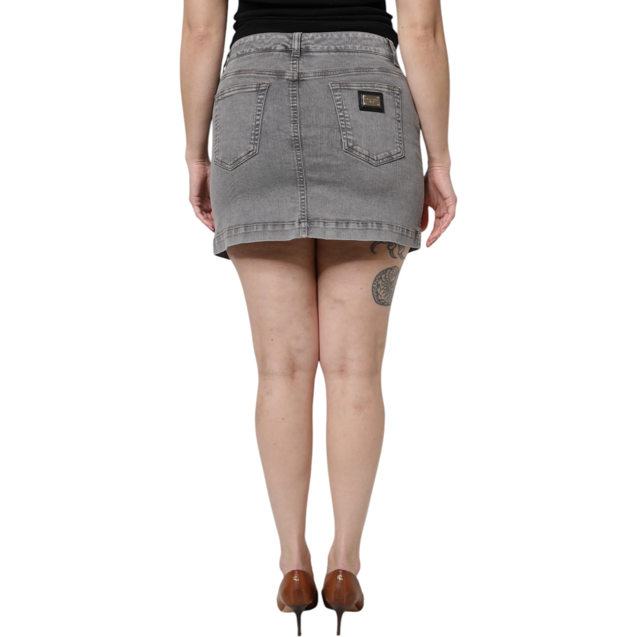 Gray Cotton Stretch Mid Waist Denim Mini Skirt
