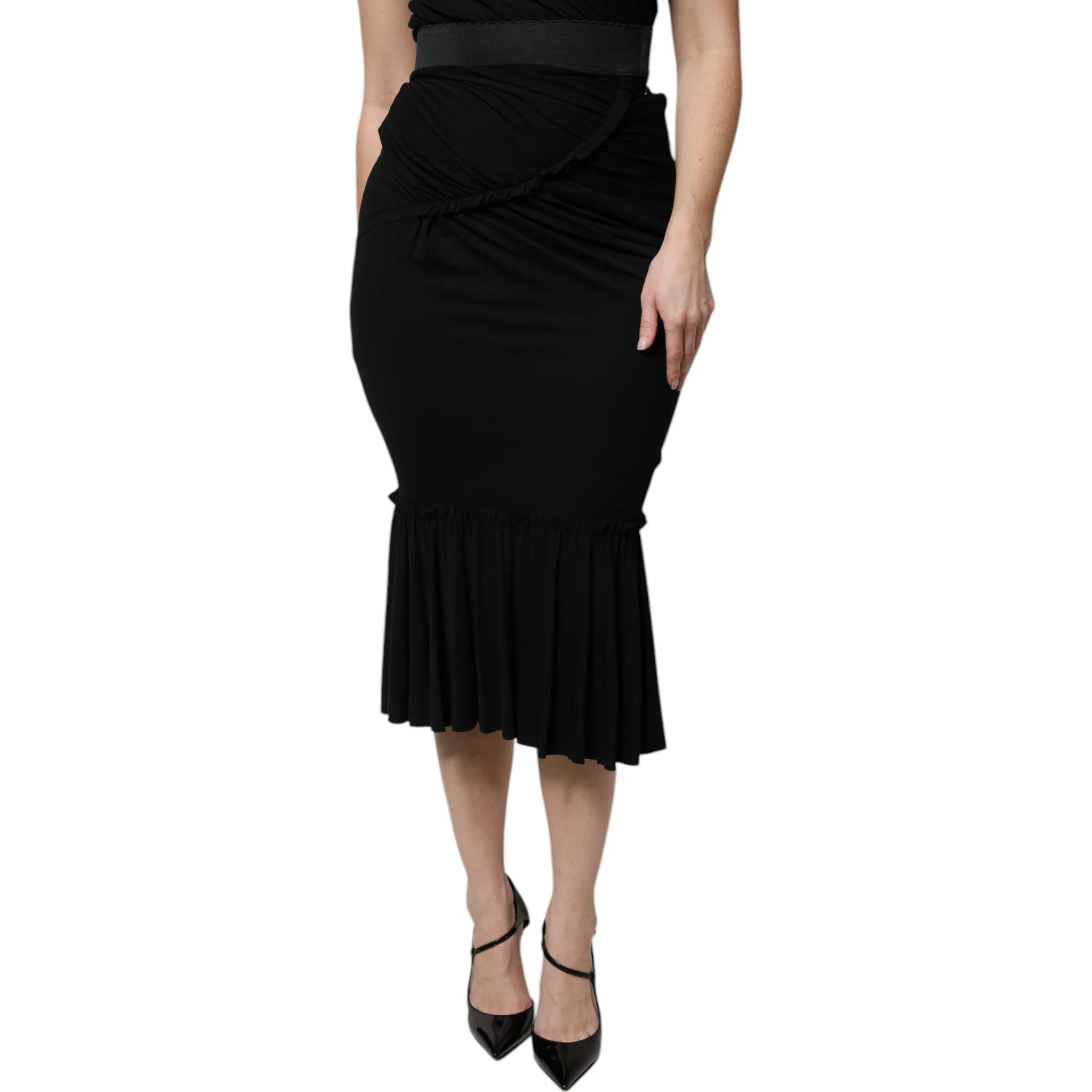 Black Mermaid Cut High Waist Midi Skirt