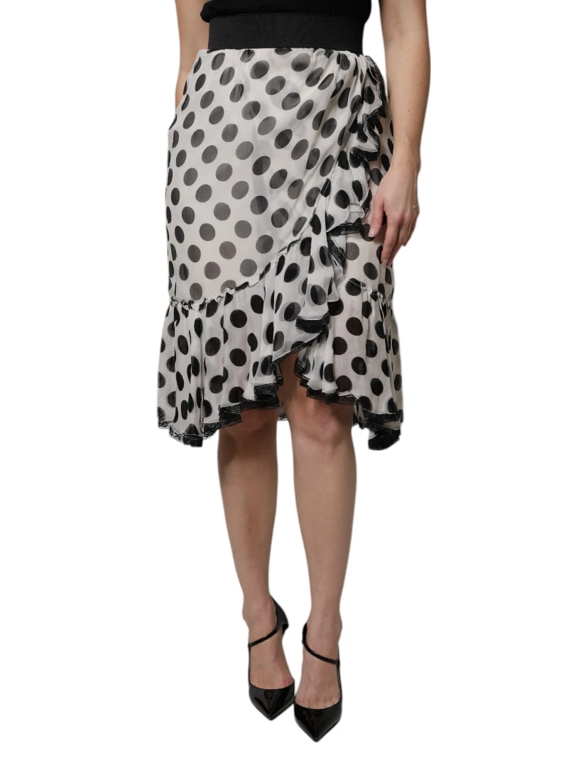 White Black Polka Dots Knee Length Skirt